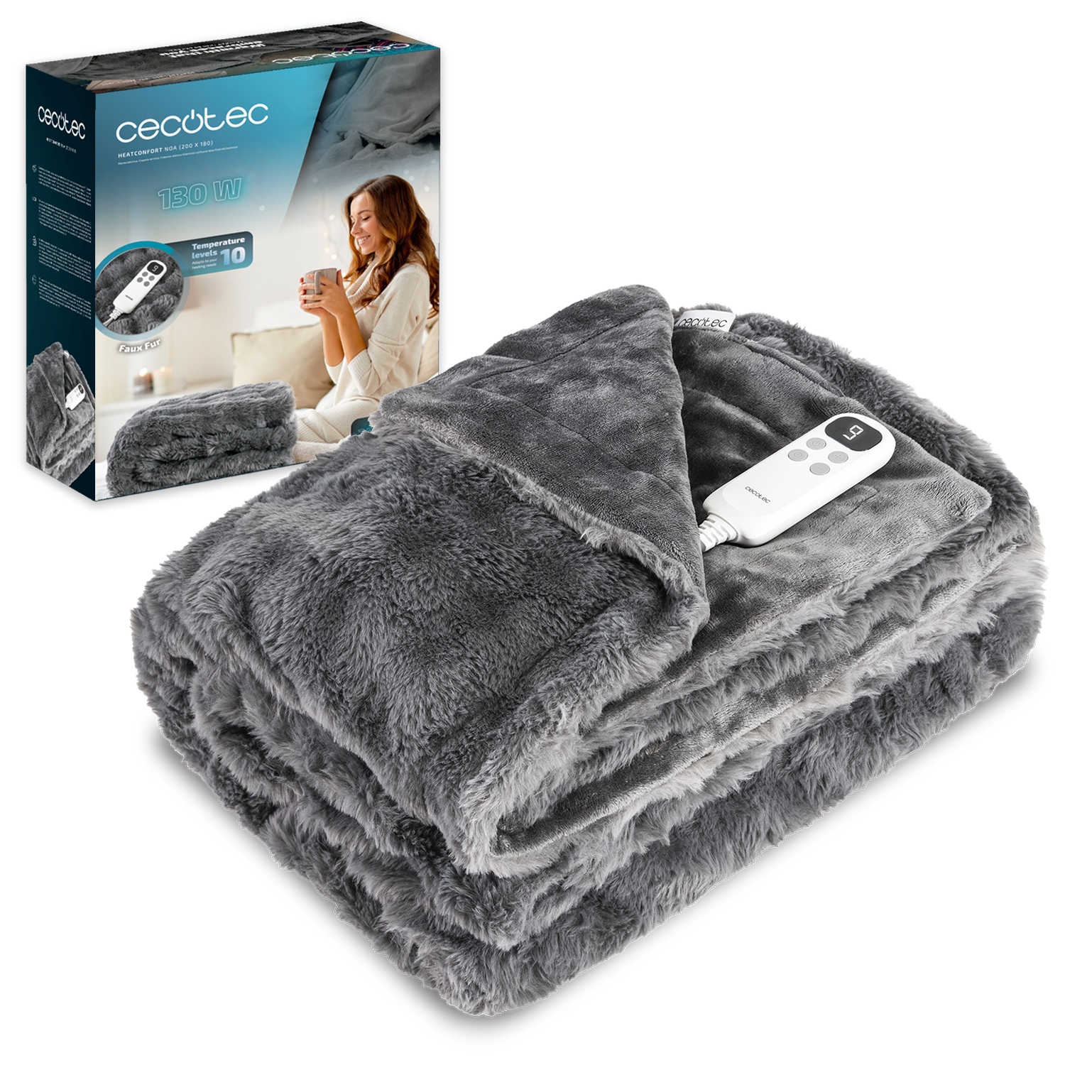 Una manta eléctrica gris con mando a distancia, apilada con su caja que muestra a una mujer usándola. La caja dice 130W y 10 niveles de temperatura.
