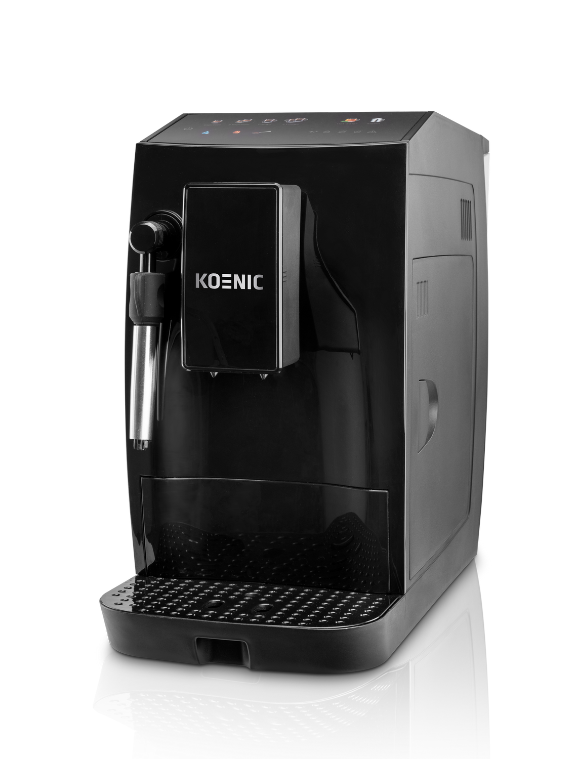 Una máquina de espresso Koenic negra y plateada sobre una superficie reflectante. Tiene una bandeja de agua, un espumador de leche y botones de control.