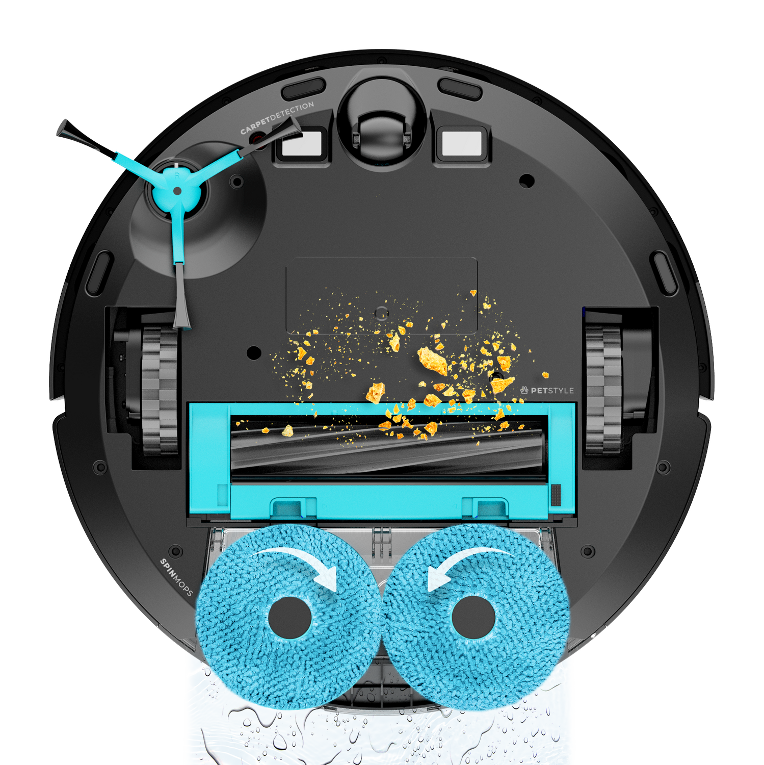 Vista inferior de la aspiradora robot. Cuerpo negro con elementos de limpieza azules, dos mopas giratorias y escombros.