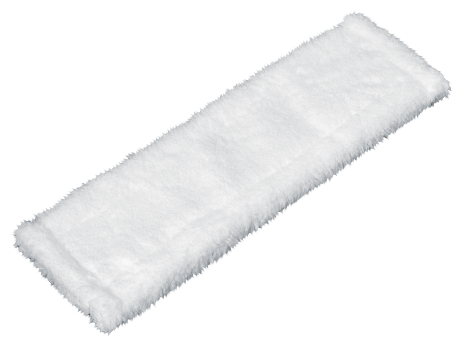 Un cabezal de fregona rectangular de microfibra blanca sobre fondo gris. Tiene textura esponjosa y bordes deshilachados.