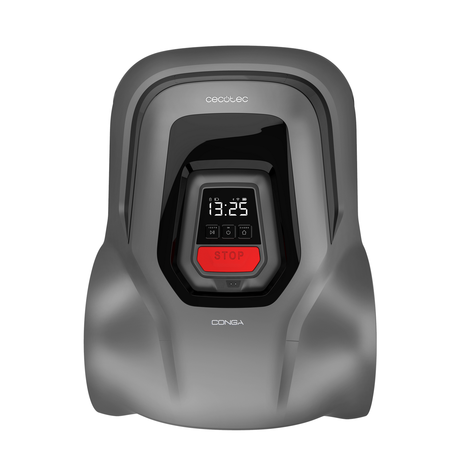 Una aspiradora robot gris. Tiene una pantalla que muestra 13:25 y un botón rojo de parada. La marca es Cecotec.