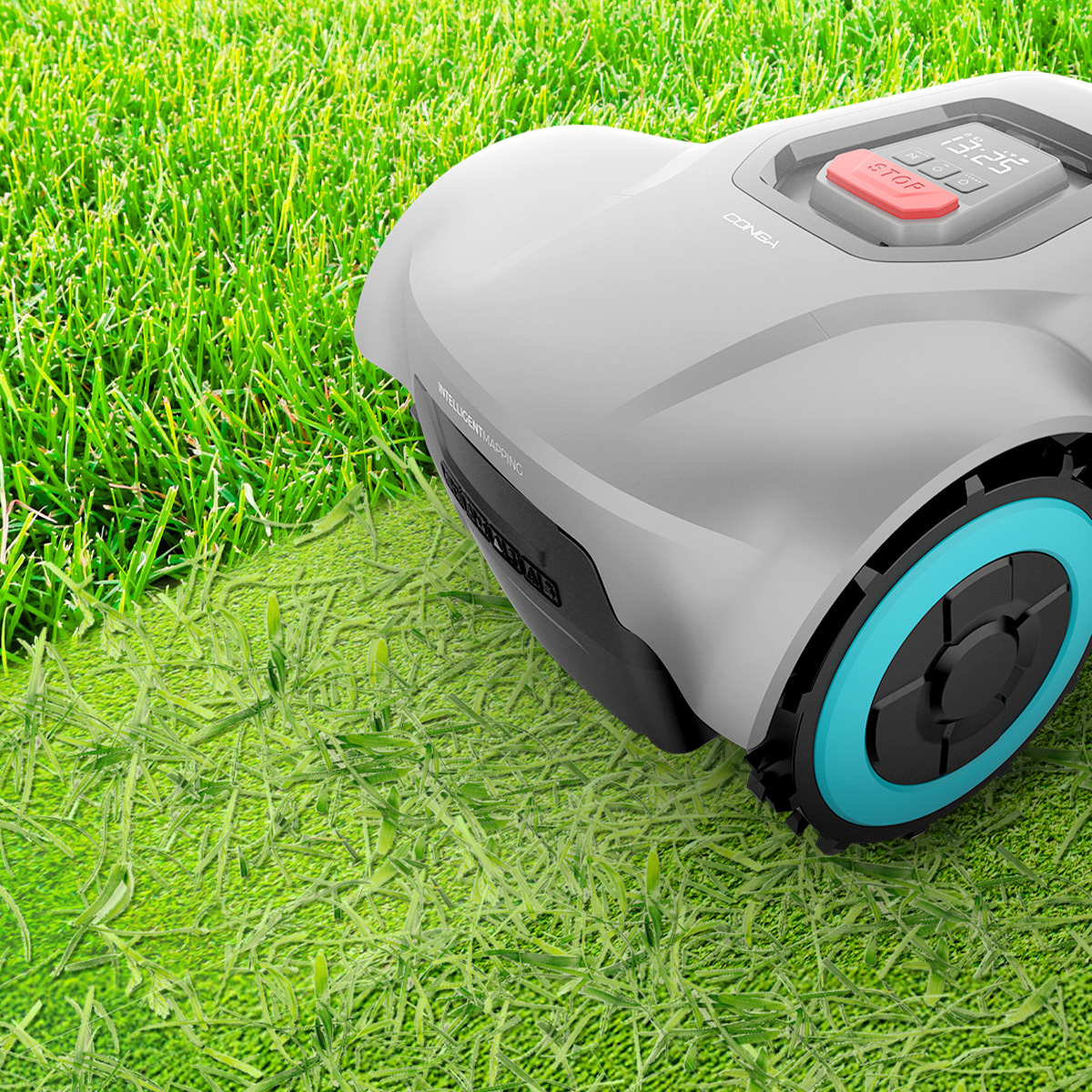 Un cortacésped robótico sobre hierba verde. Es gris con una rueda azul, y un botón de parada rojo es visible en la parte superior.