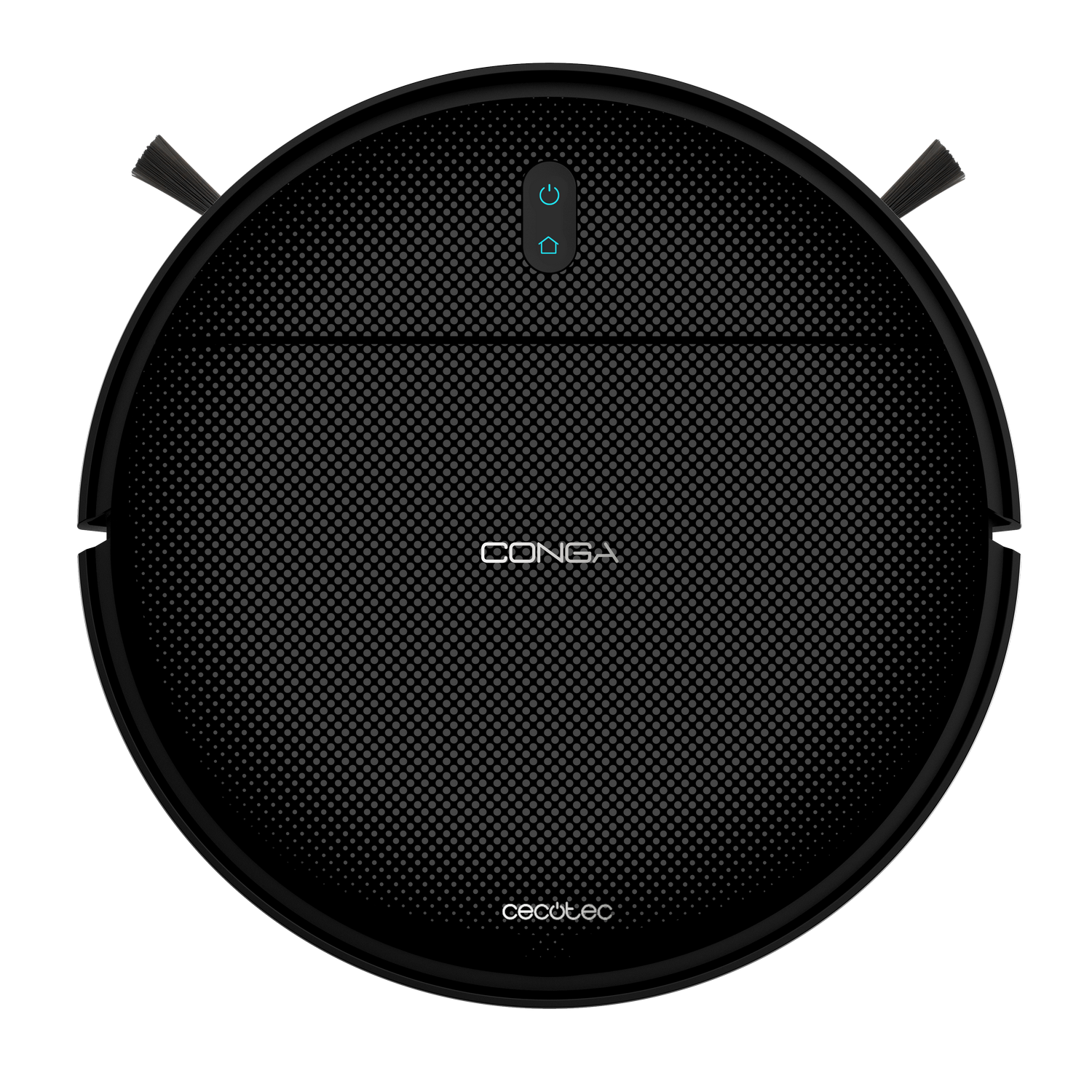 Vista superior de una aspiradora robot redonda negra. Tiene botones y cepillos, con la marca "CONGA" visible.
