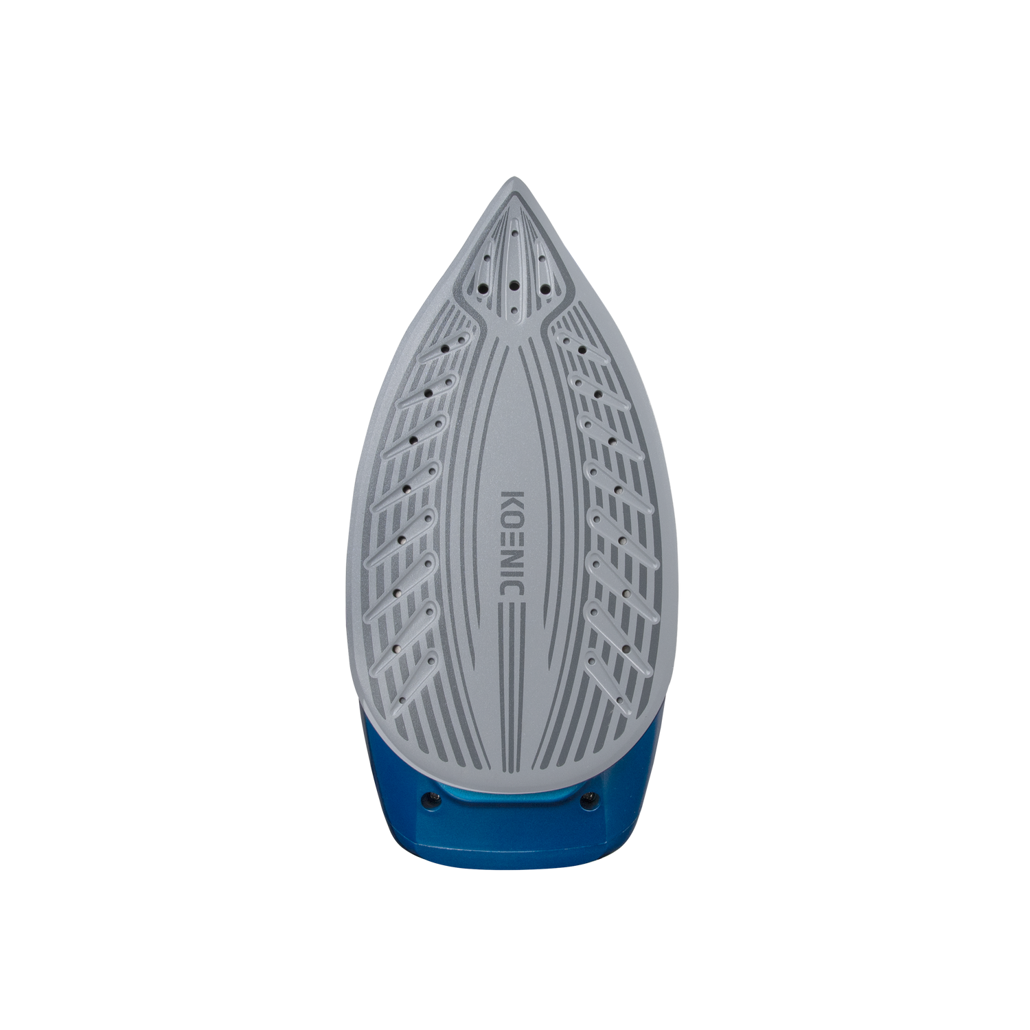 Primer plano de la suela de una plancha de vapor. Es plateada con la marca 'KOENIC'. El mango es azul, sobre un fondo gris.