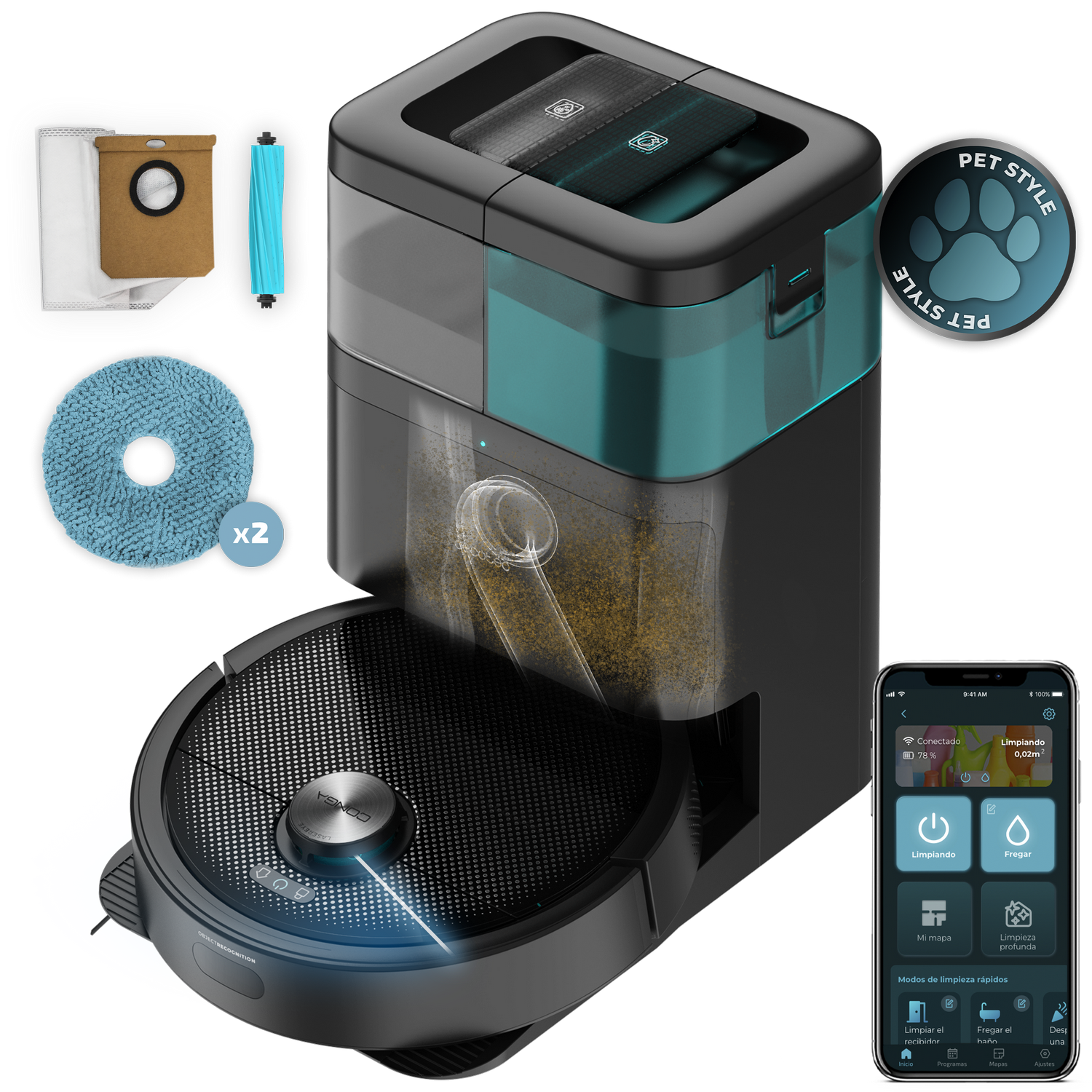 Aspiradora robot con accesorios. Un teléfono muestra controles. Visible un logo 'Pet Style'.