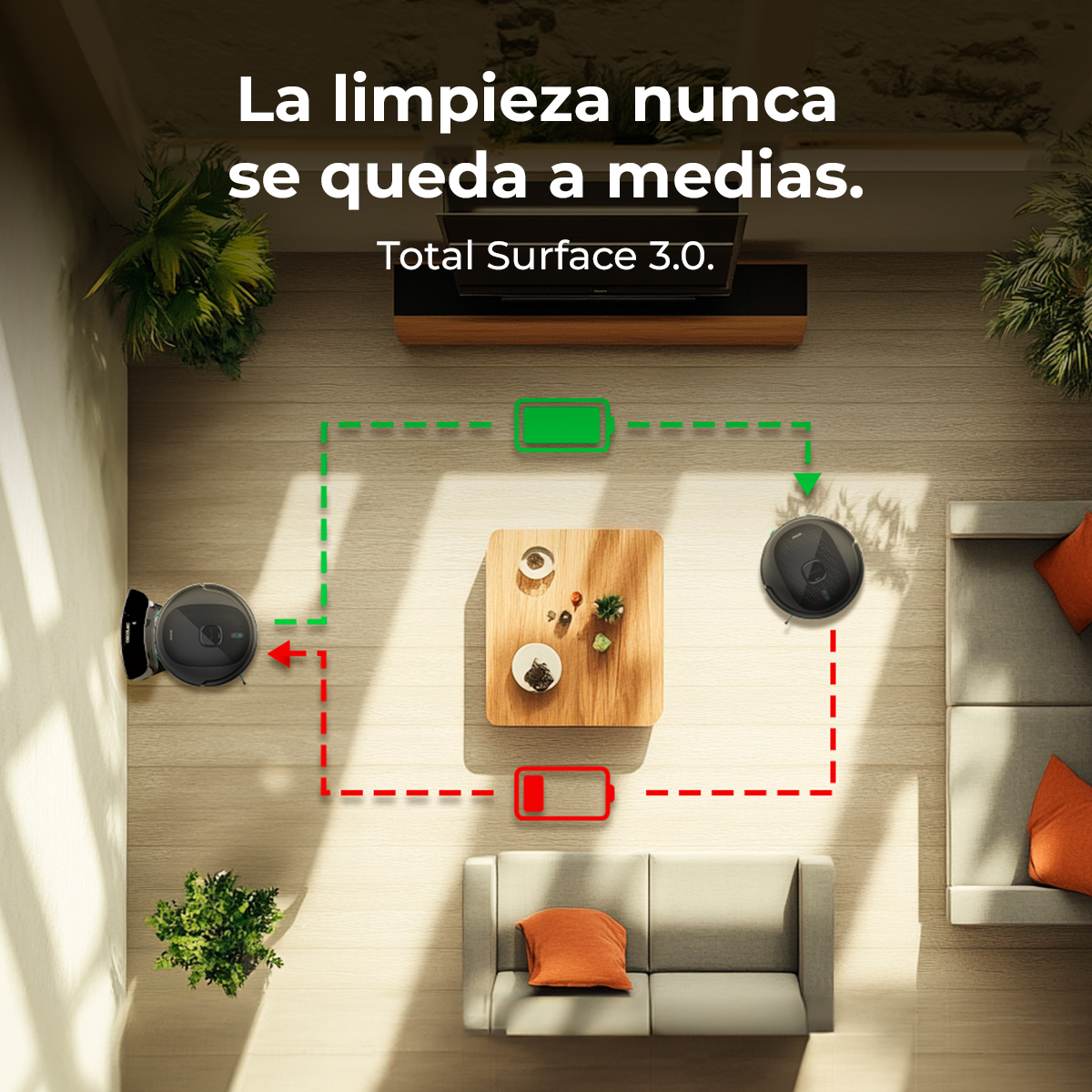 Vista superior de una habitación con un robot aspirador. El texto dice 'La limpieza nunca se queda a medias.' y 'Total Surface 3.0'.