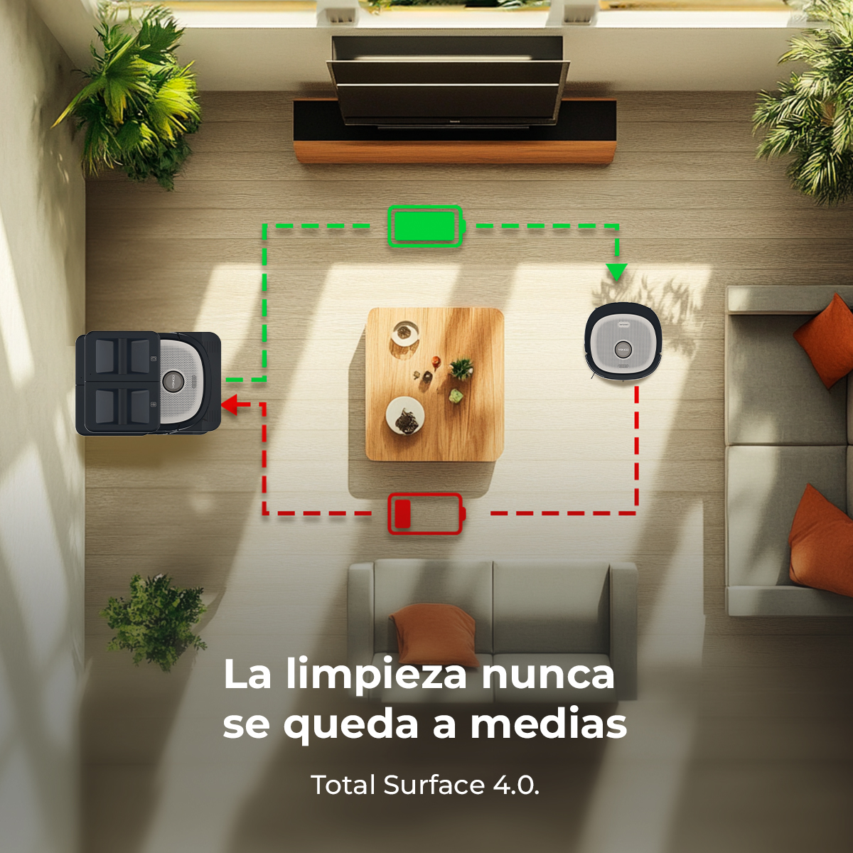 Vista aérea de un robot aspirador. Estación de carga con icono de batería verde, conectada por línea punteada.