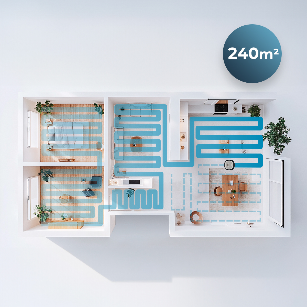 Vista superior de un plano de planta de 240 m². Líneas azules indican una ruta de limpieza. Las habitaciones incluyen dormitorio, cocina y comedor.