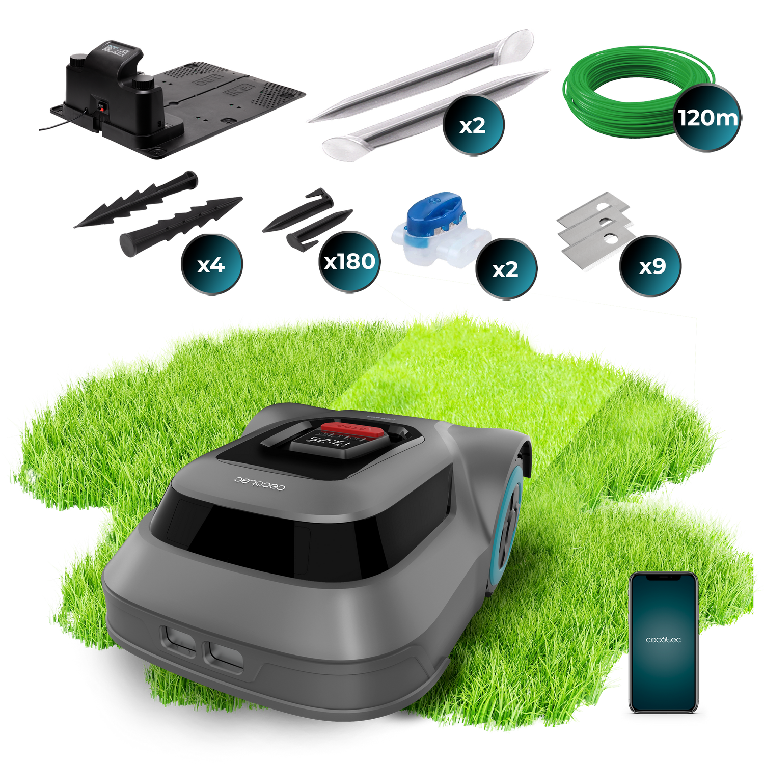 Robot cortacésped con accesorios: estación de carga, estacas, cable, conectores, cuchillas y smartphone con app.