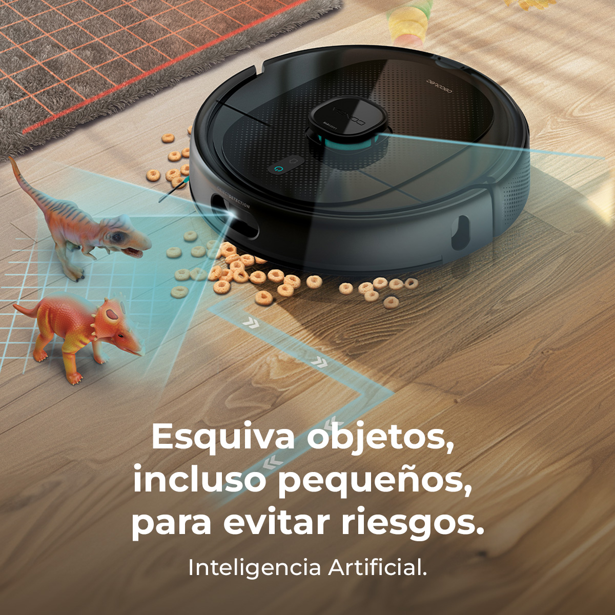 Aspiradora robótica en suelo de madera, con dinosaurios de juguete y cereales. Texto: 'Evita objetos, incluso pequeños'.