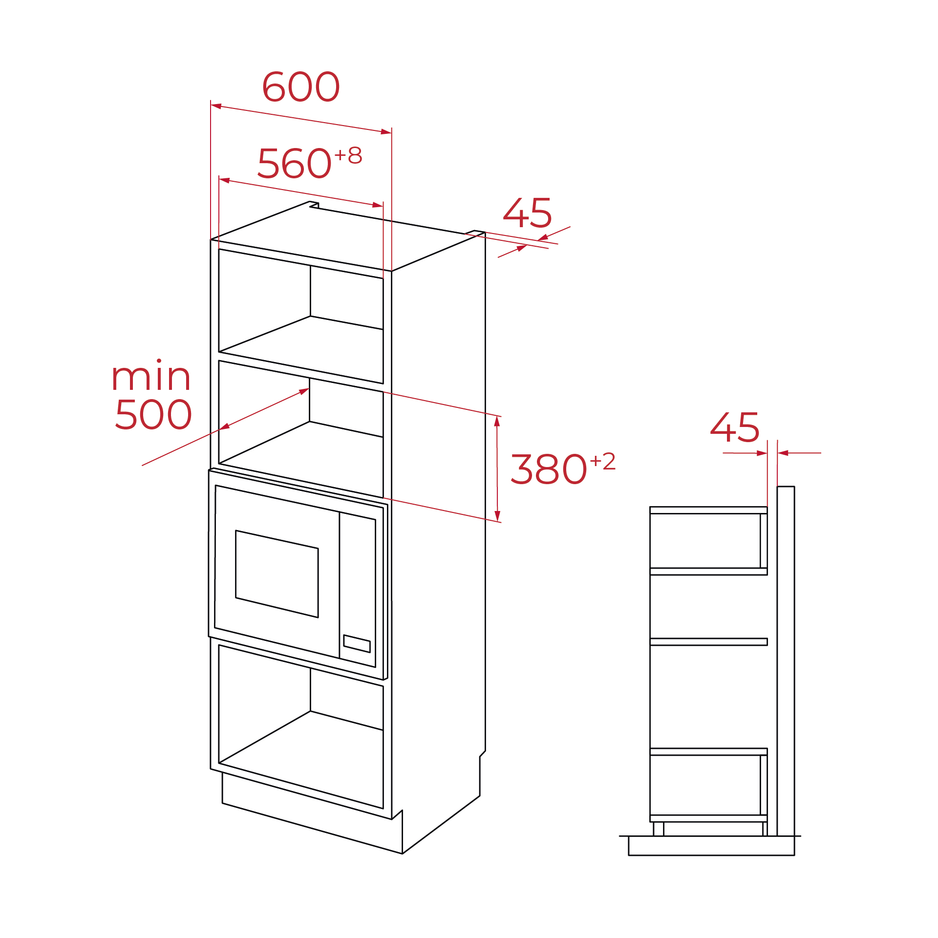 Dibujo técnico de un mueble de cocina con dimensiones en rojo. Incluye microondas y estantes, con vista lateral.