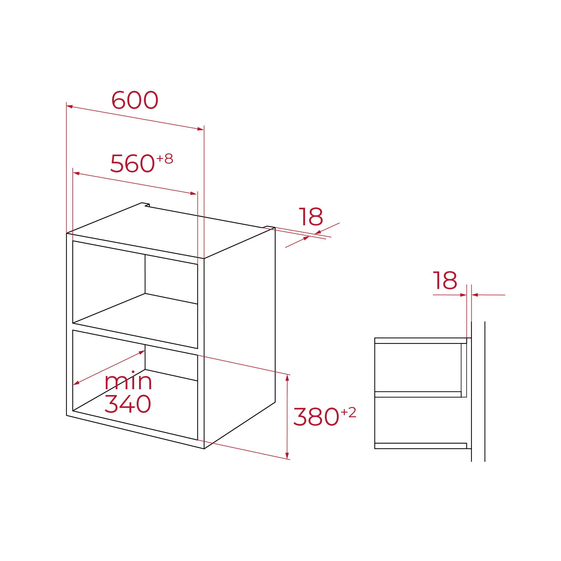 Diagrama de un armario con dimensiones: 600 mm ancho, 560 mm alto, 340 mm profundidad mínima, 380 mm profundidad y 18 mm grosor.