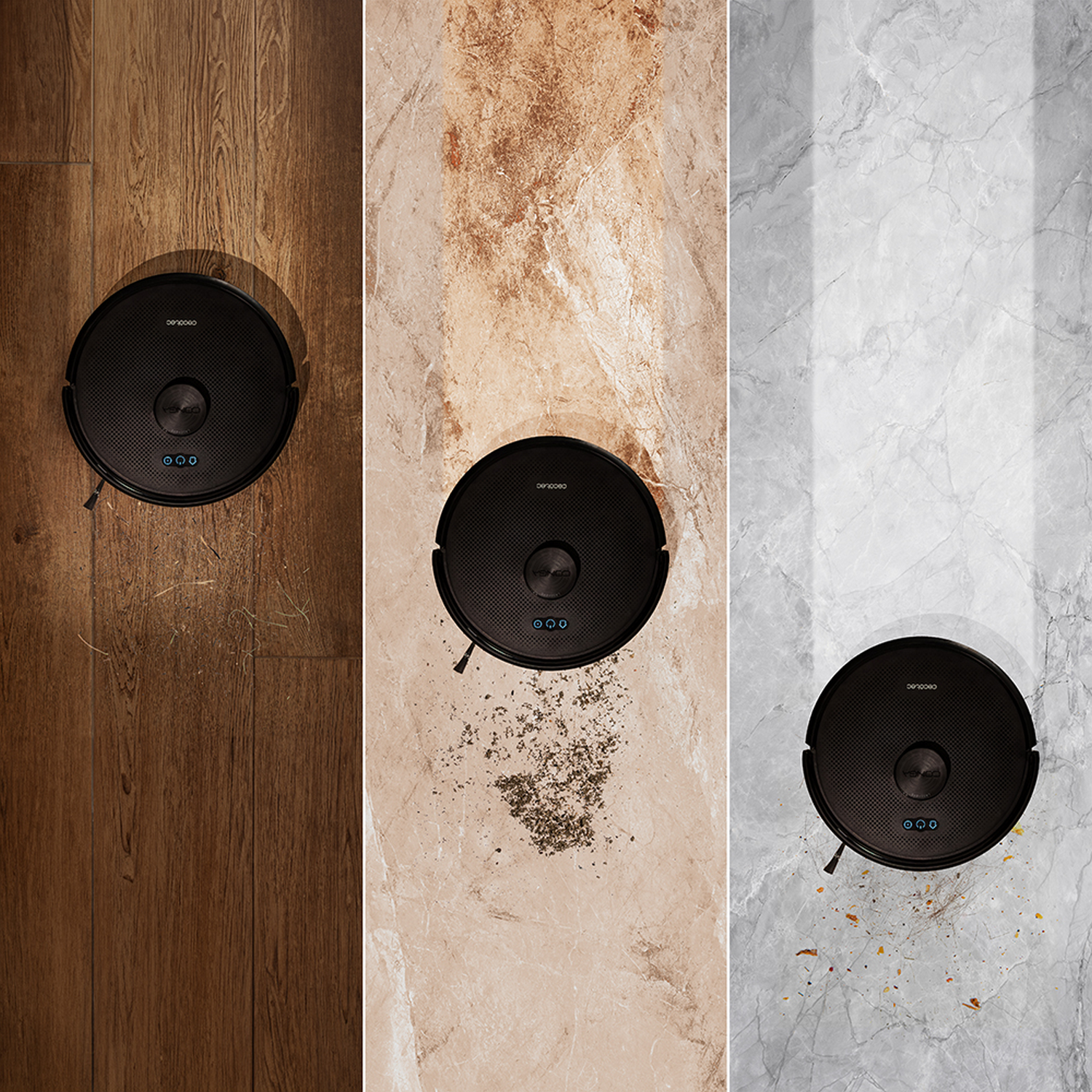 Tres imágenes. Una aspiradora robot negra sobre madera, piedra beige y mármol gris. Hay residuos en cada superficie.