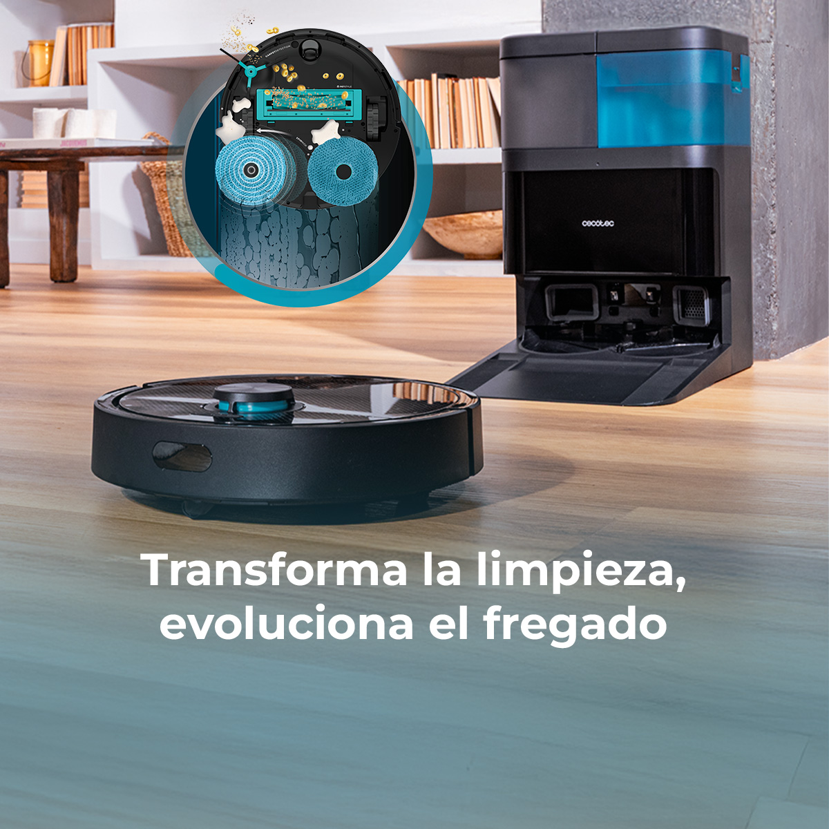 Una aspiradora robot negra con una estación de limpieza. Una vista explotada muestra los componentes internos de limpieza.
