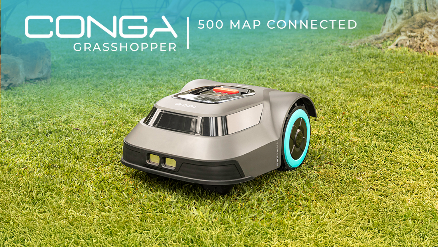Un cortacésped robótico sobre hierba, con texto 'CONGA GRASSHOPPER' y '500 MAP CONNECTED'. Dominan los colores verde, azul y gris.