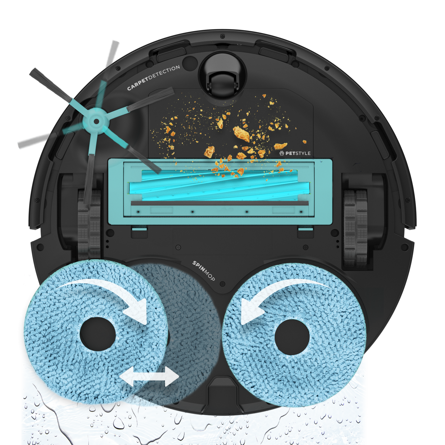 Robot aspirador con cepillos y mopas azules. Las flechas indican acción giratoria. También son visibles restos y gotas de agua.