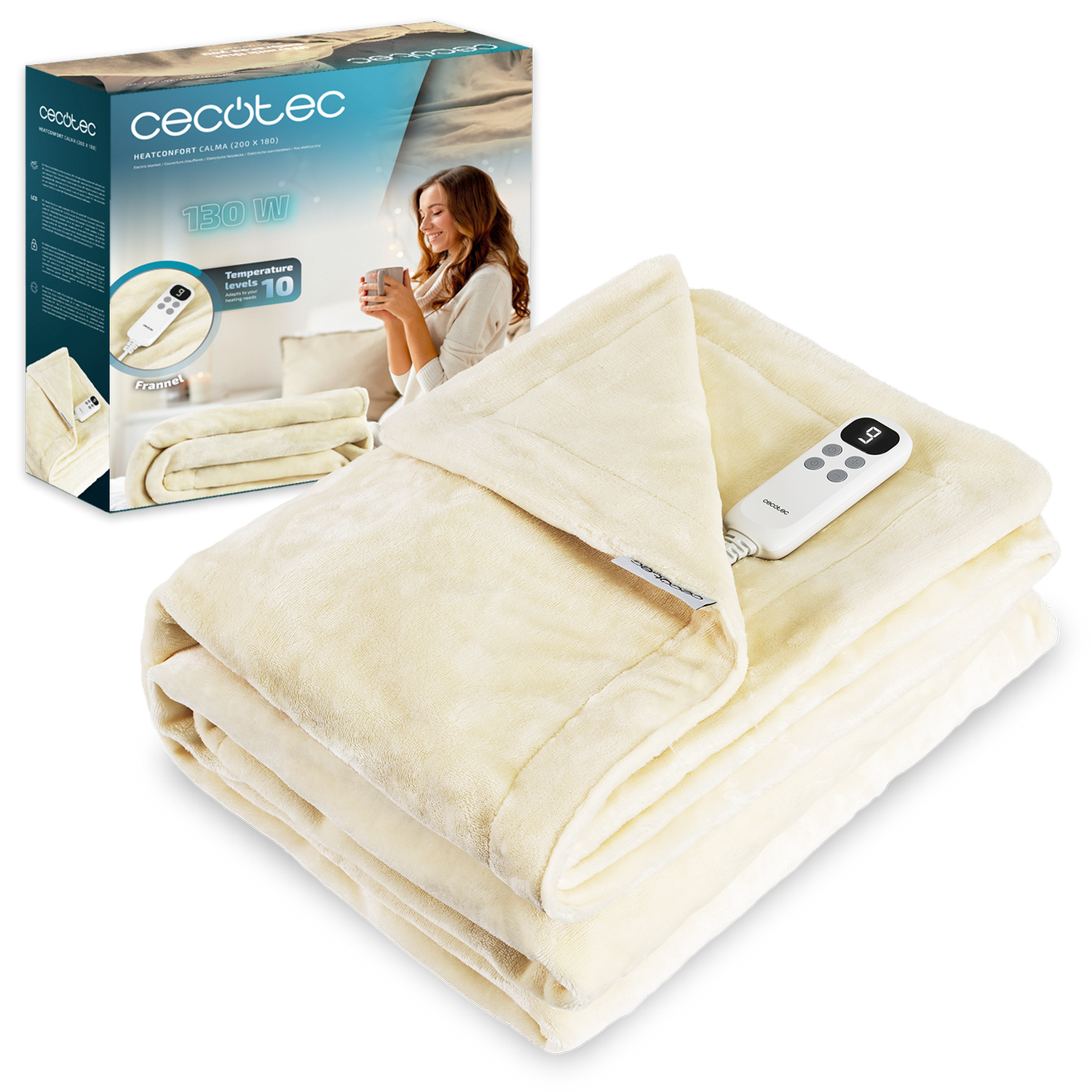 Una manta térmica beige con mando a distancia está expuesta. Una caja del producto muestra a una mujer con una taza. La manta está doblada.