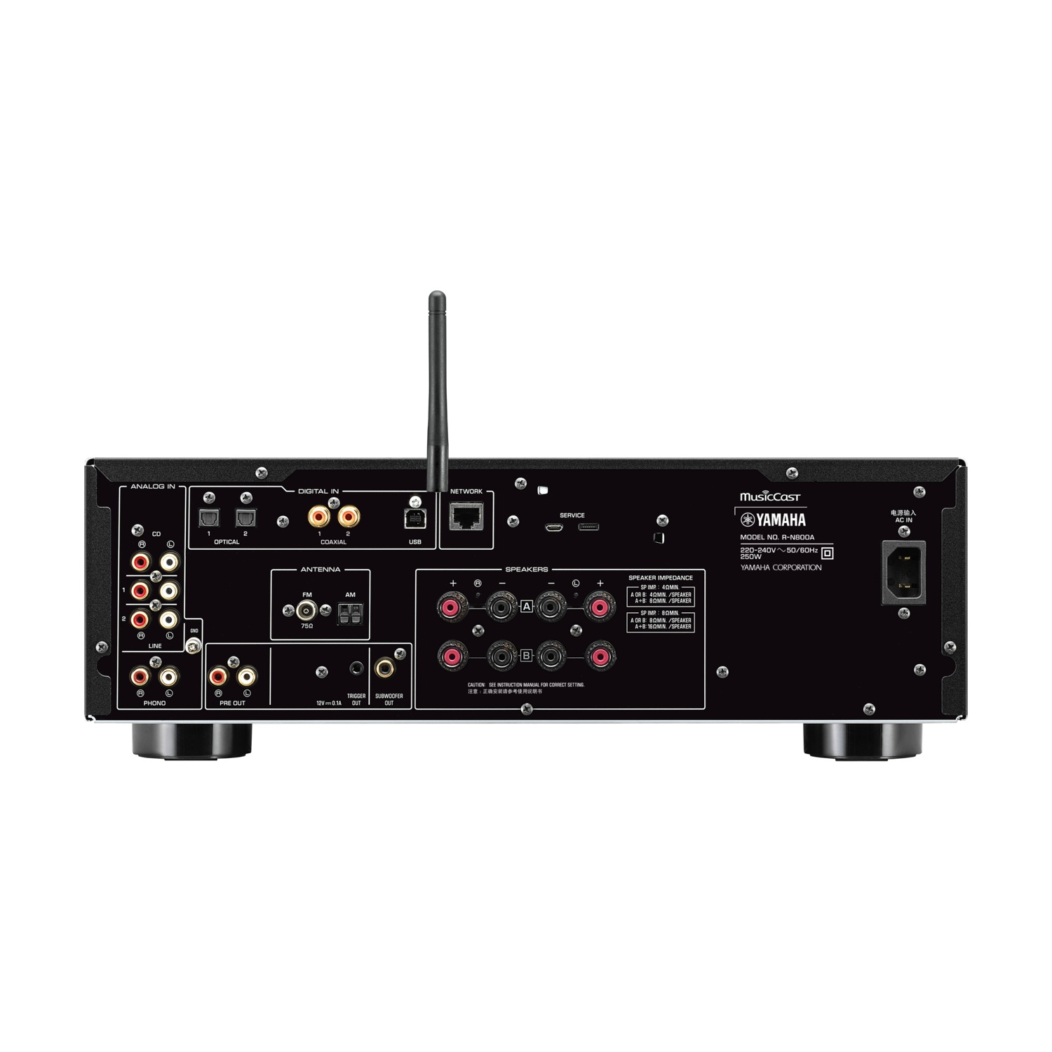 Pannello posteriore nero del ricevitore Yamaha R-N800A. Dispone di connettori per altoparlanti, antenna e vari ingressi come ottico e USB.
