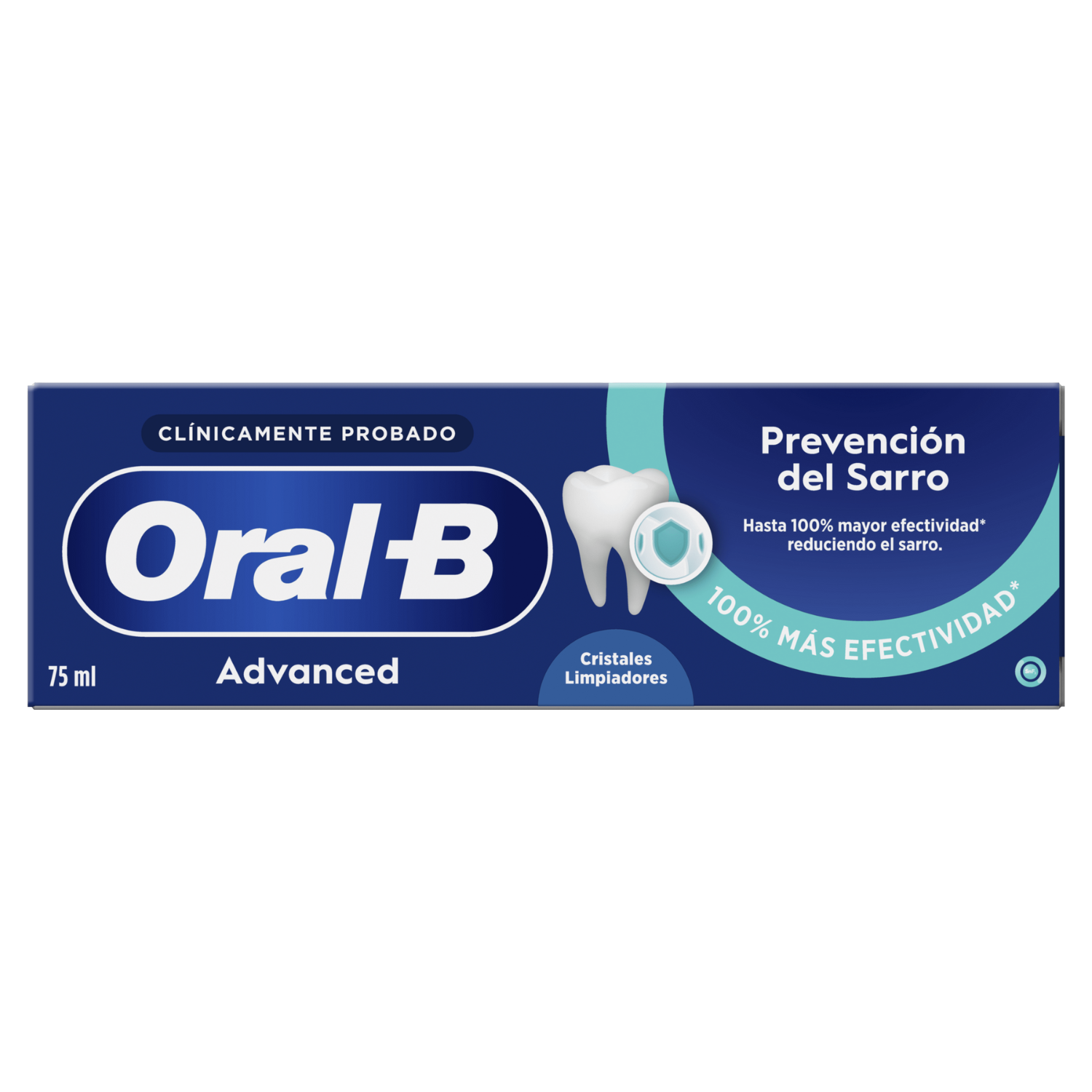 Un tubo de pasta dental Oral-B. Es azul y blanco, con el logotipo de Oral-B y texto que dice 'Advanced' y 'Prevención del Sarro'.