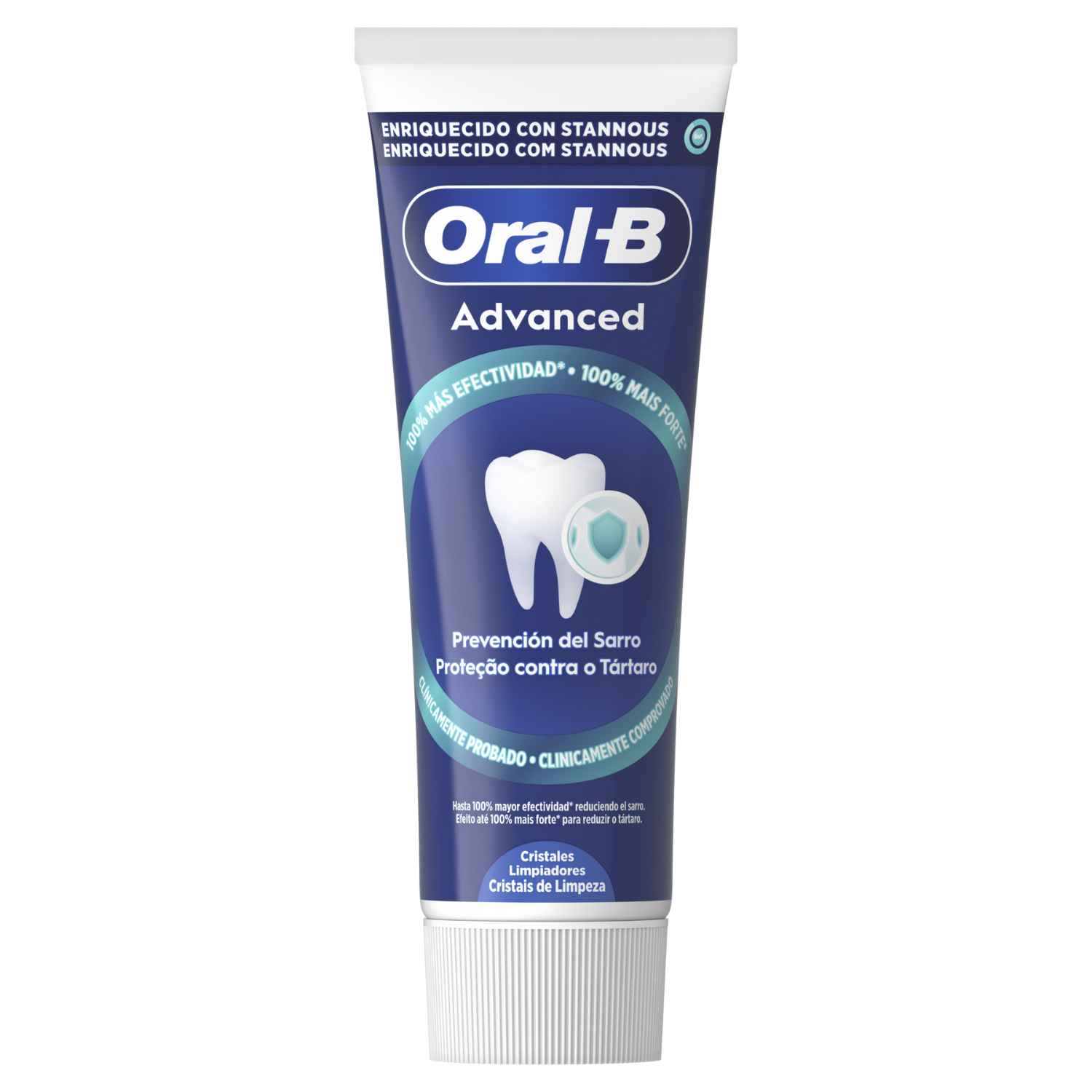 Un tubo de pasta dental Oral-B Advanced. El tubo es blanco y azul, con texto en español y portugués. Promueve el control del sarro.
