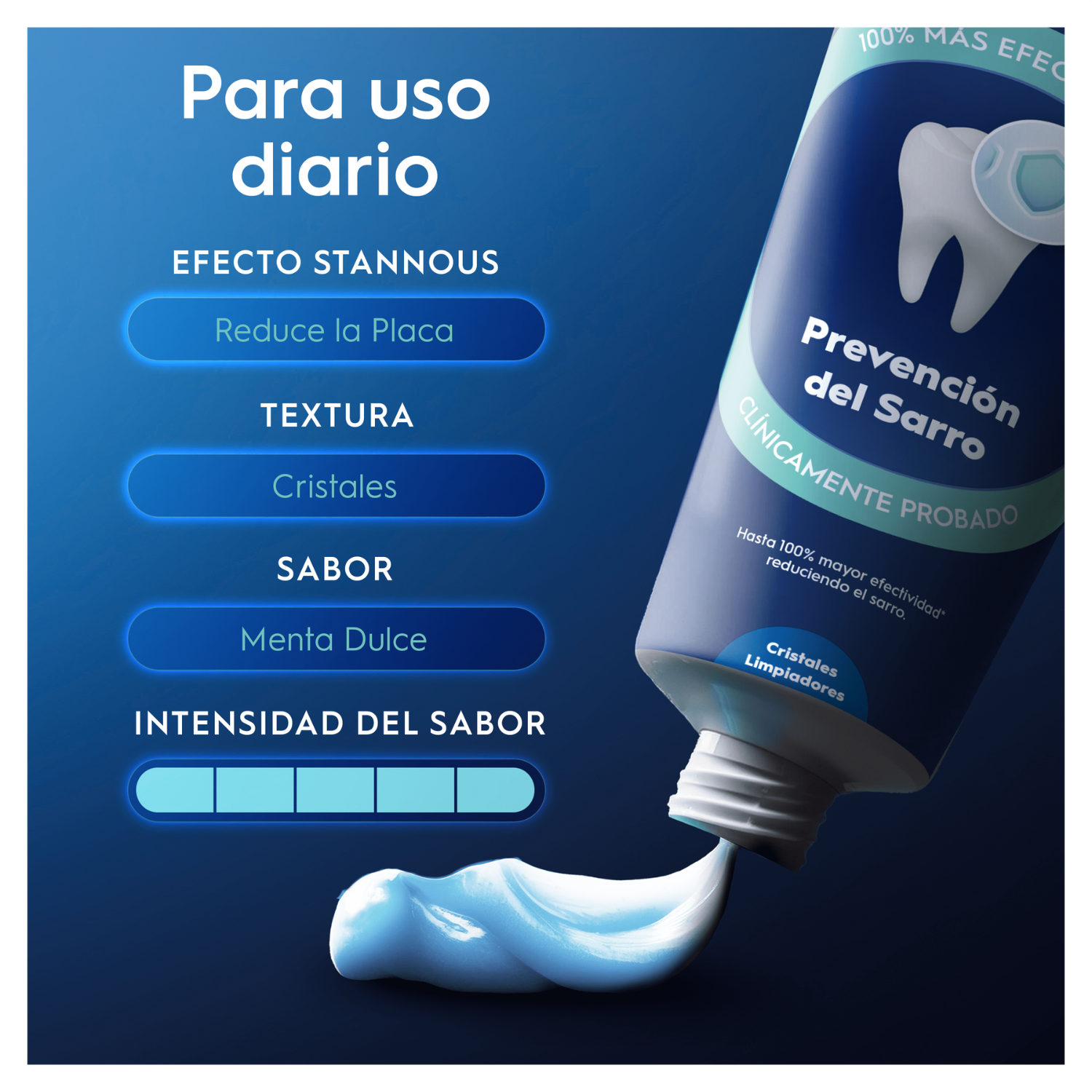 Para uso diario. Efecto Stannous. Reduce la placa. Textura cristales. Sabor menta dulce. Intensidad de sabor alta.