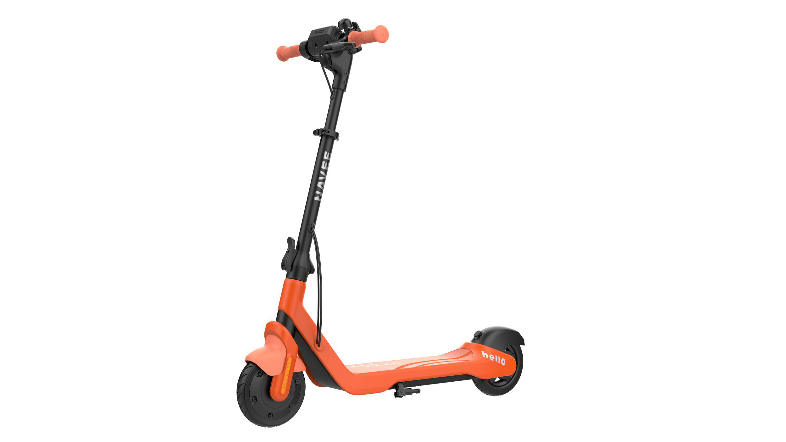 Ein orangefarbener Elektroroller, Marke NAVEE, auf weißem Hintergrund. Er hat schwarze Räder und Lenker mit orangenen Griffen.