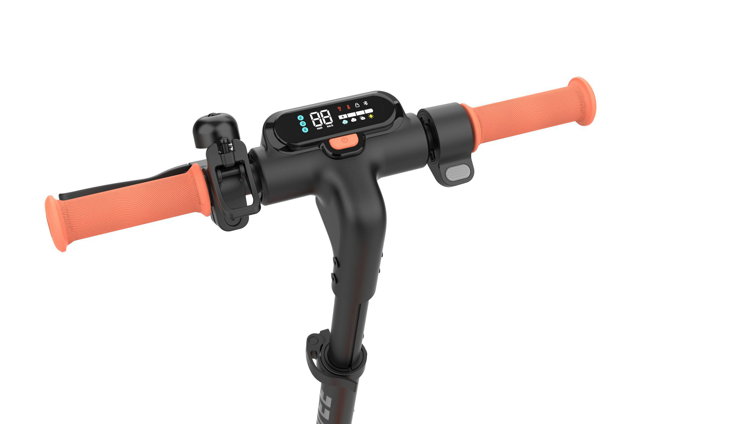 Elektroroller-Lenker mit orangenen Griffen und einer Digitalanzeige mit Geschwindigkeit und Batterieinformationen.