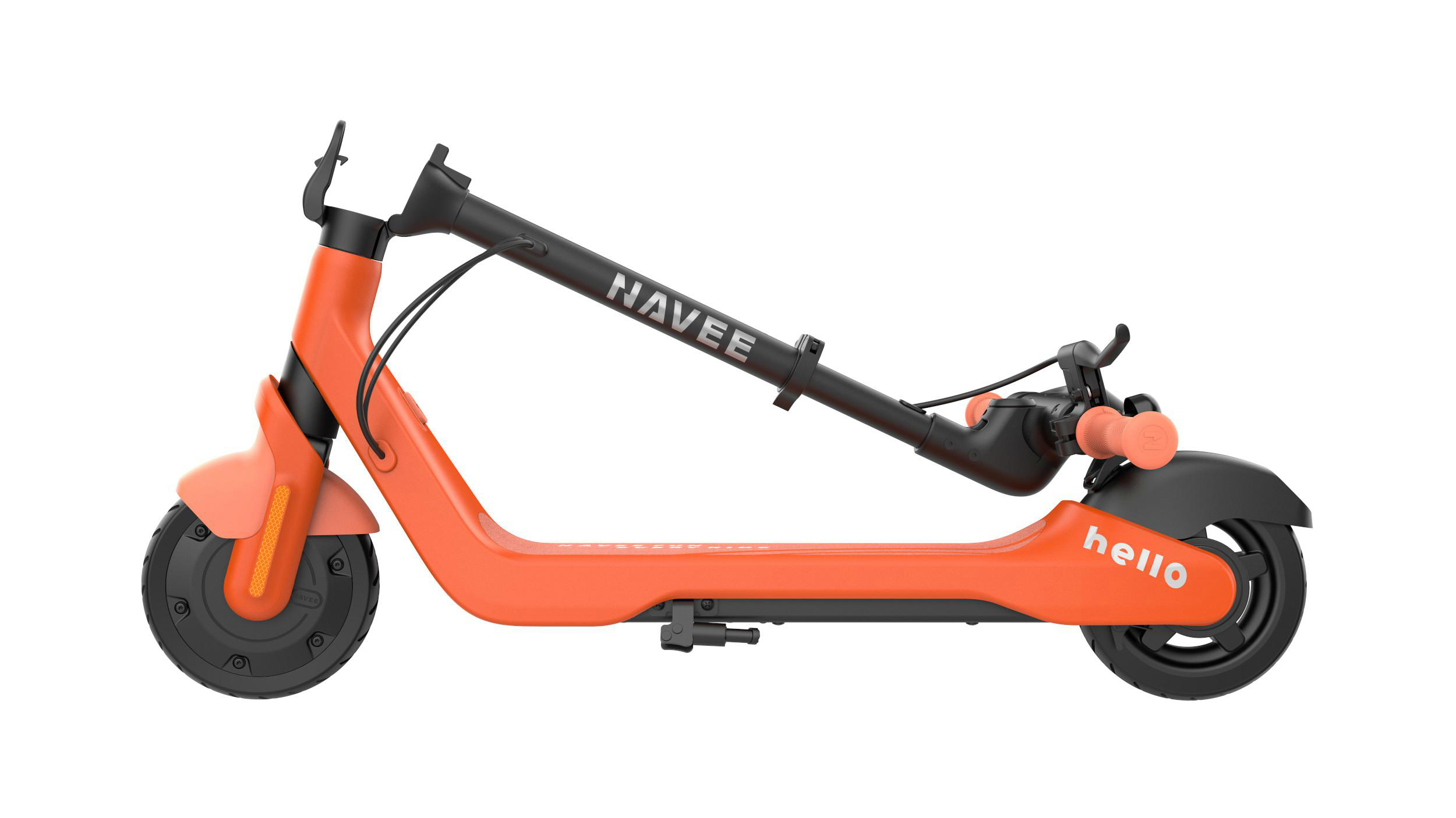 Ein orangefarbener Navee-Elektroroller auf weißem Hintergrund. Der Roller hat schwarze Akzente und das Wort 'hello' hinten.