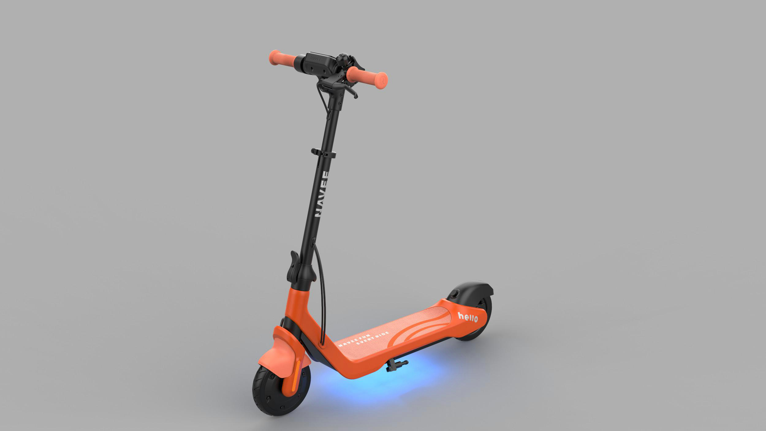 Ein orangefarbener Elektroroller mit schwarzen Akzenten auf grauem Hintergrund. Der Markenname 'NAVEE' ist sichtbar.