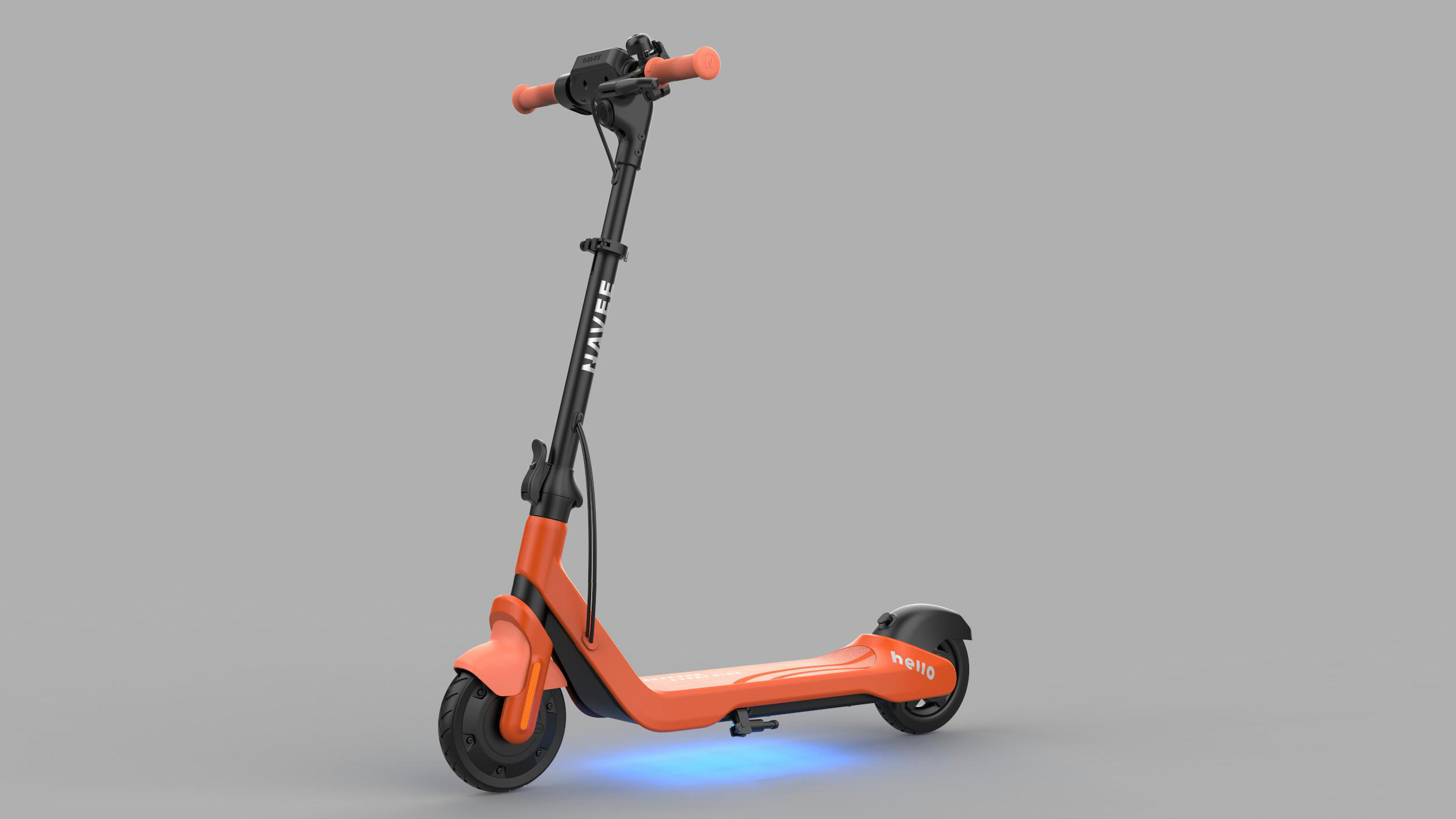 Ein orangefarbener Elektroroller mit schwarzem Lenker. Der Roller hat ein hellblaues Leuchten unter der Plattform.