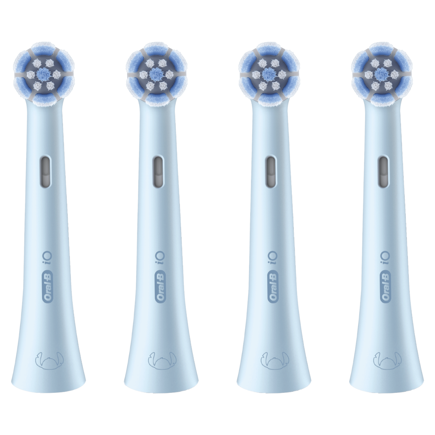 Cuatro cabezales de cepillo de dientes Oral-B iO azul claro. Cada uno tiene un cabezal redondo con cerdas azules y blancas, un botón gris y el logo de Stitch.