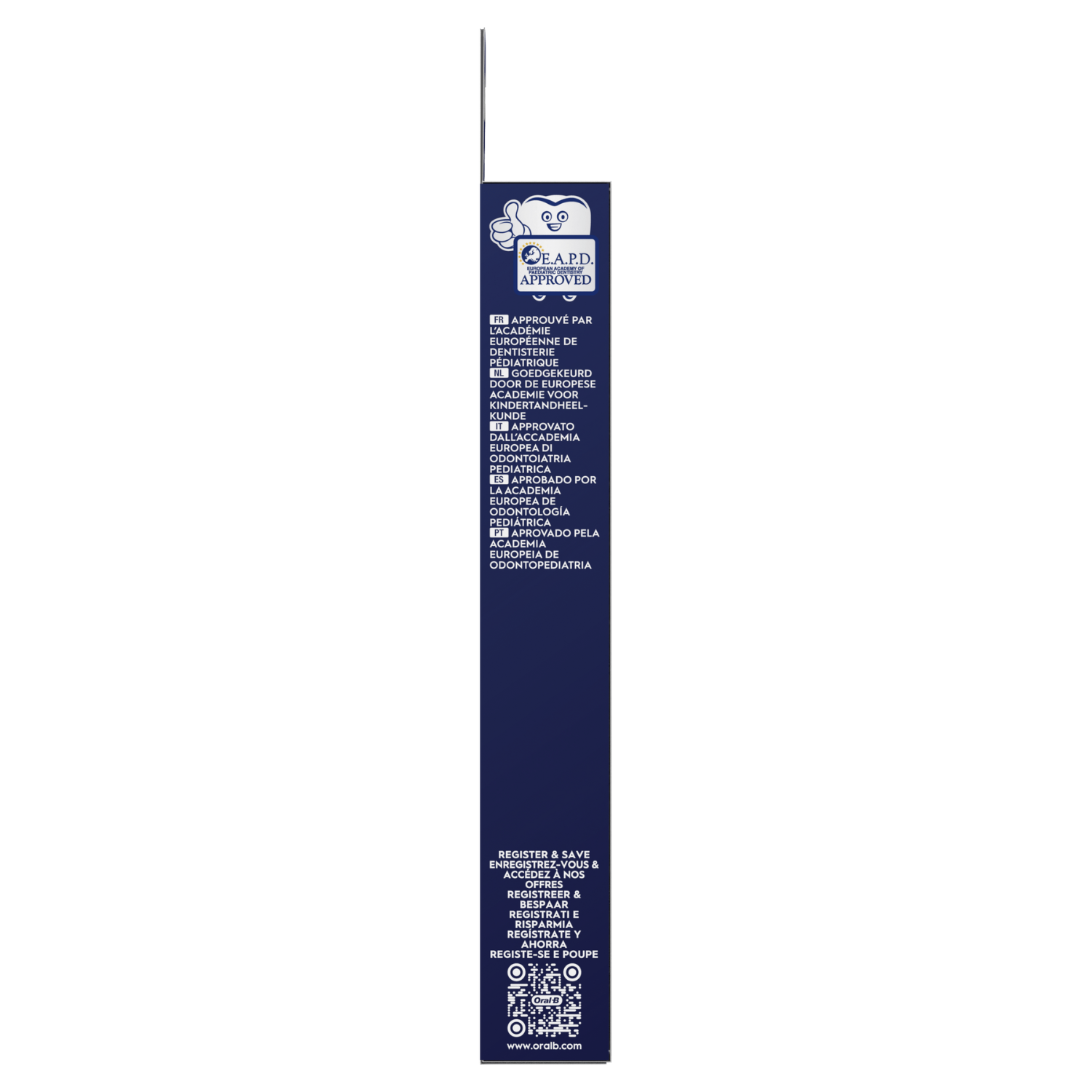 Empaque de producto azul oscuro con texto y logotipos blancos, incluyendo "E.A.P.D. APPROVED" y traducciones.