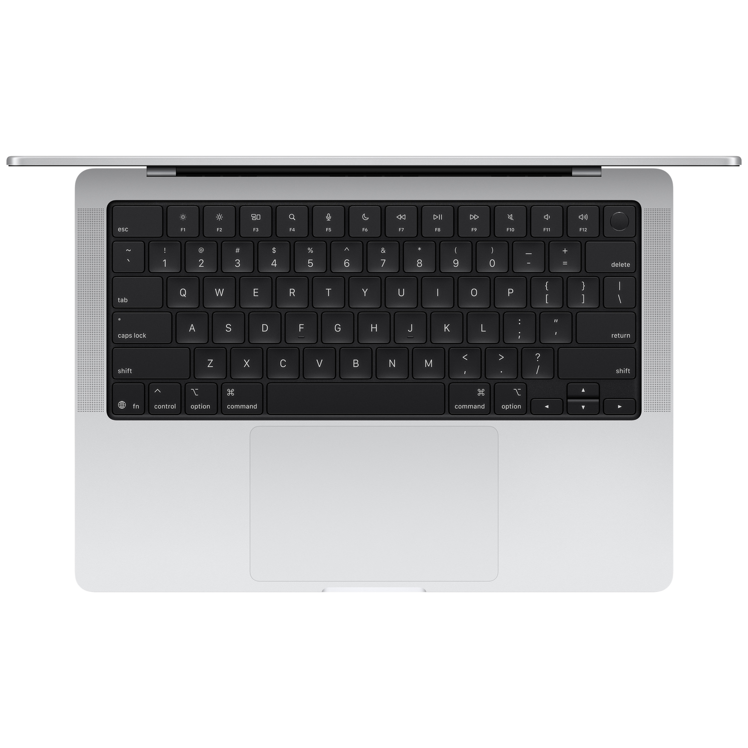 Bovenaanzicht van een zilveren laptop. Het zwarte toetsenbord heeft witte letters en symbolen. Het touchpad bevindt zich onder het toetsenbord.