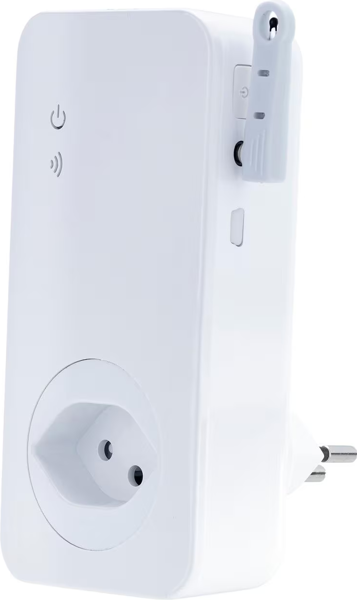 Weißes Elektrogerät mit Stecker. Hat einen Ein-/Ausschalter, ein WLAN-Symbol und eine Steckdose. Eine Antenne befindet sich an der Seite.