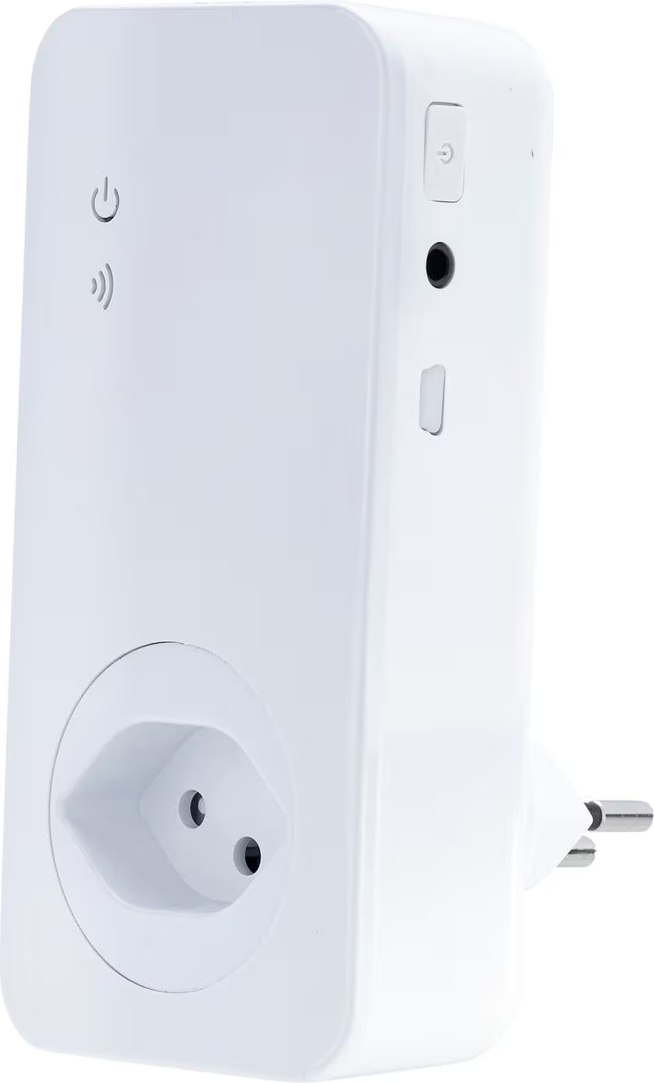 Ein weißer Netzadapter mit Steckdose, Stecker und Knöpfen. Er hat Strom- und WLAN-Symbole. Der Hintergrund ist weiß.