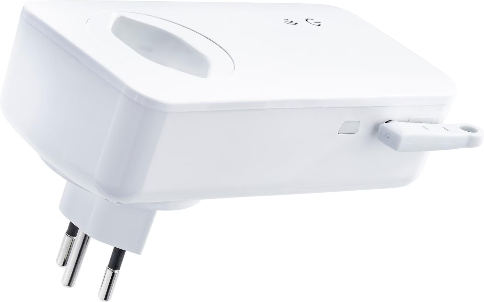 Ein weißes elektronisches Gerät mit Stecker. Es hat einen Griff, zwei Knöpfe und einen USB-Anschluss. Auf weißem Hintergrund.