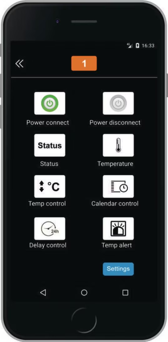 Smartphone-Bildschirm mit App-Oberfläche. Optionen umfassen Strom, Status, Temperatur, Temperaturregelung, Kalender, Verzögerung und Temperatureinstellungen.