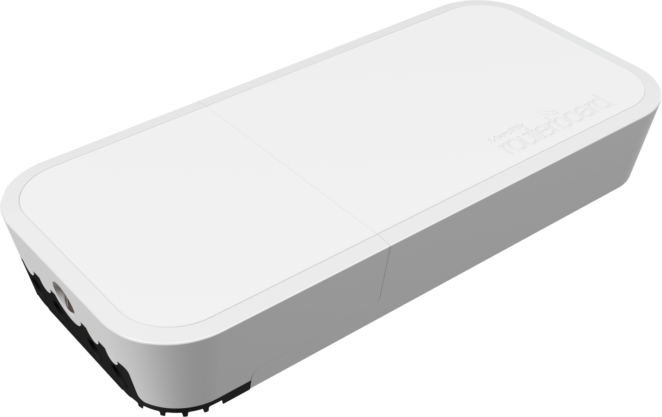 Un routeur MikroTik blanc sur une surface noire. Le dessus a un design en deux sections et le logo est visible.