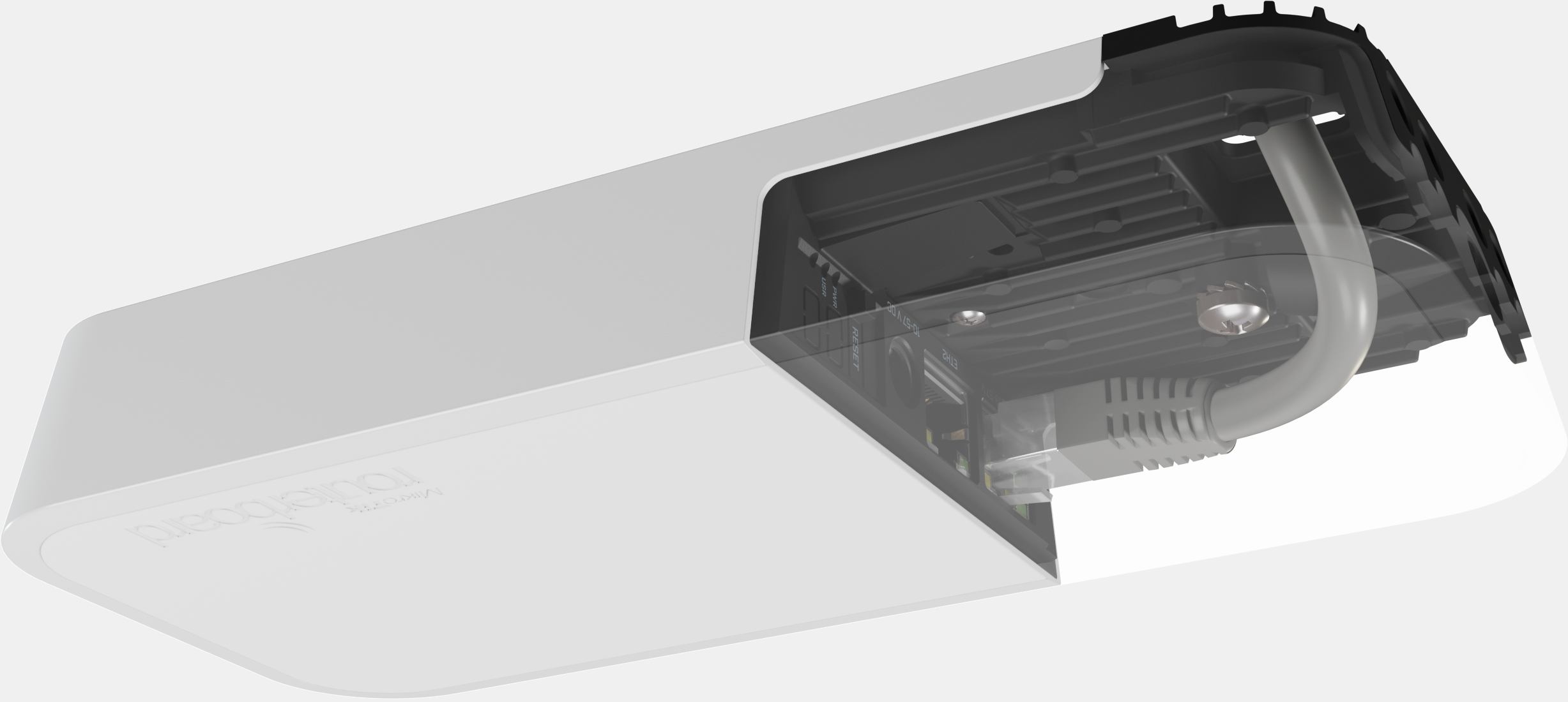 Un routeur blanc avec une section transparente montrant les composants internes et un câble gris connecté sur fond noir.