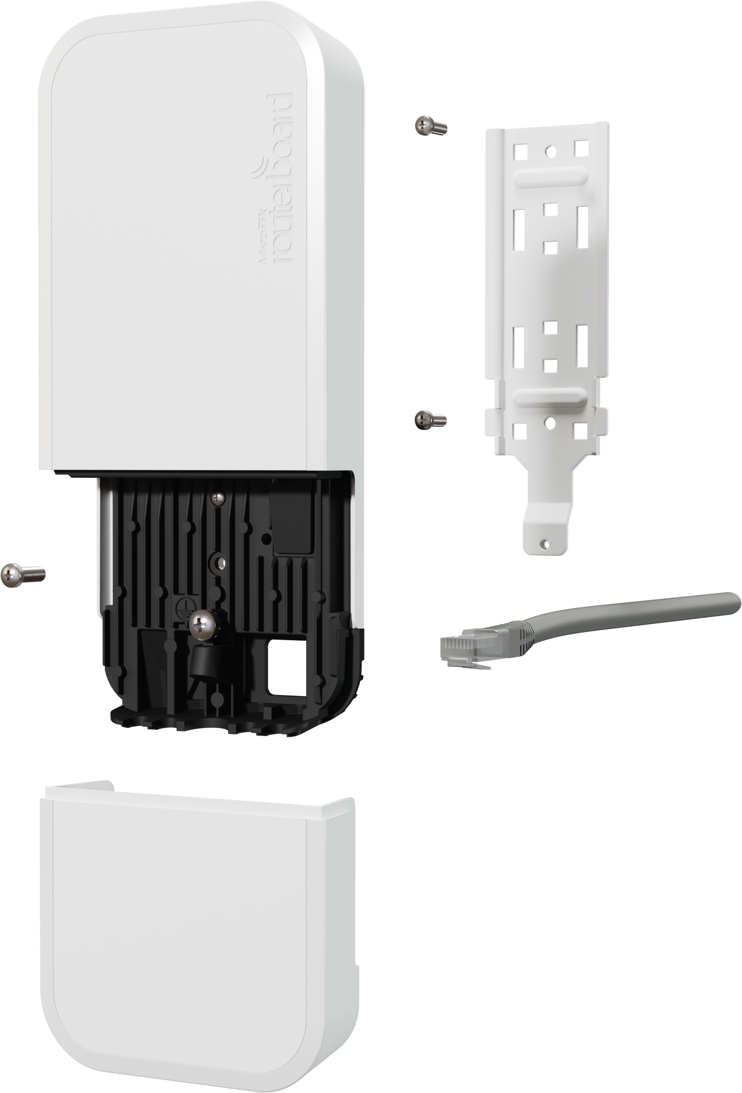 Composants de routeur blancs démontés. Inclut le corps principal, le support de montage, les vis et le câble Ethernet.