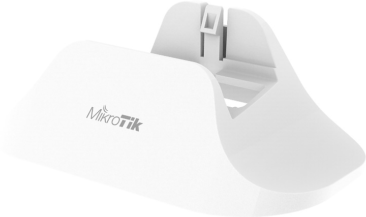 Un appareil Mikrotik blanc au design incurvé. Le logo est visible. L'appareil a une fente sur le dessus.