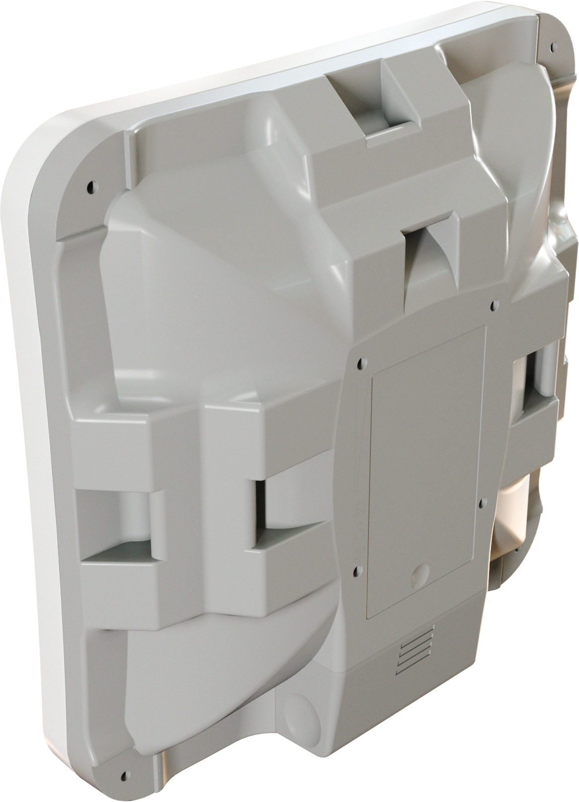 Un appareil en plastique blanc avec un design géométrique complexe, avec des sections rectangulaires et incurvées. Le fond est noir.