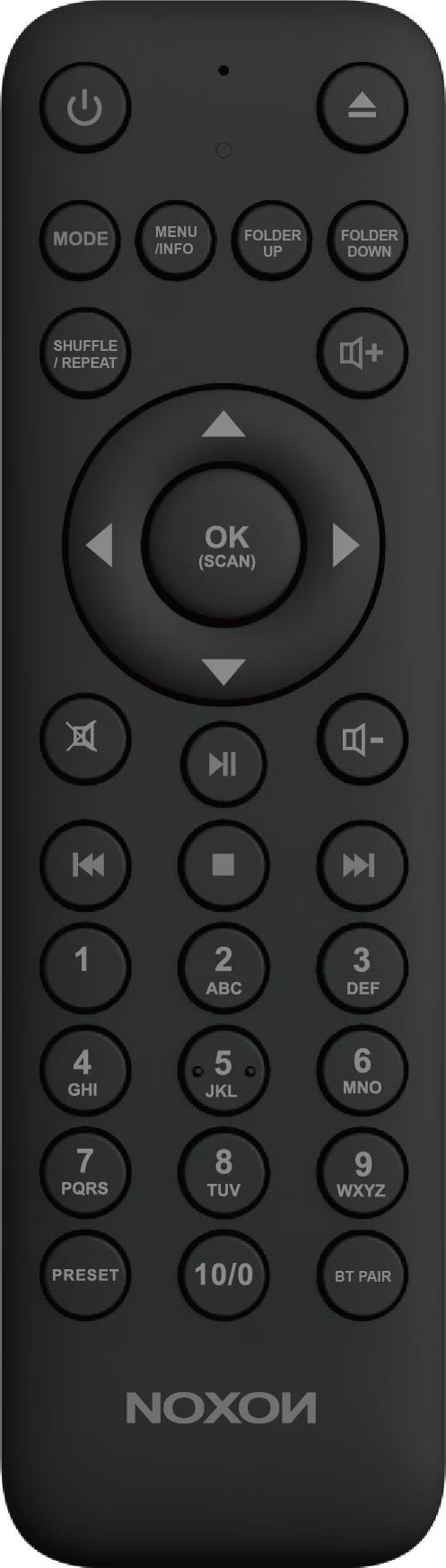 Telecomando nero con più pulsanti. Accensione, modalità, menu, cartella su/giù, shuffle, OK, riproduzione/pausa e tasti numerici.