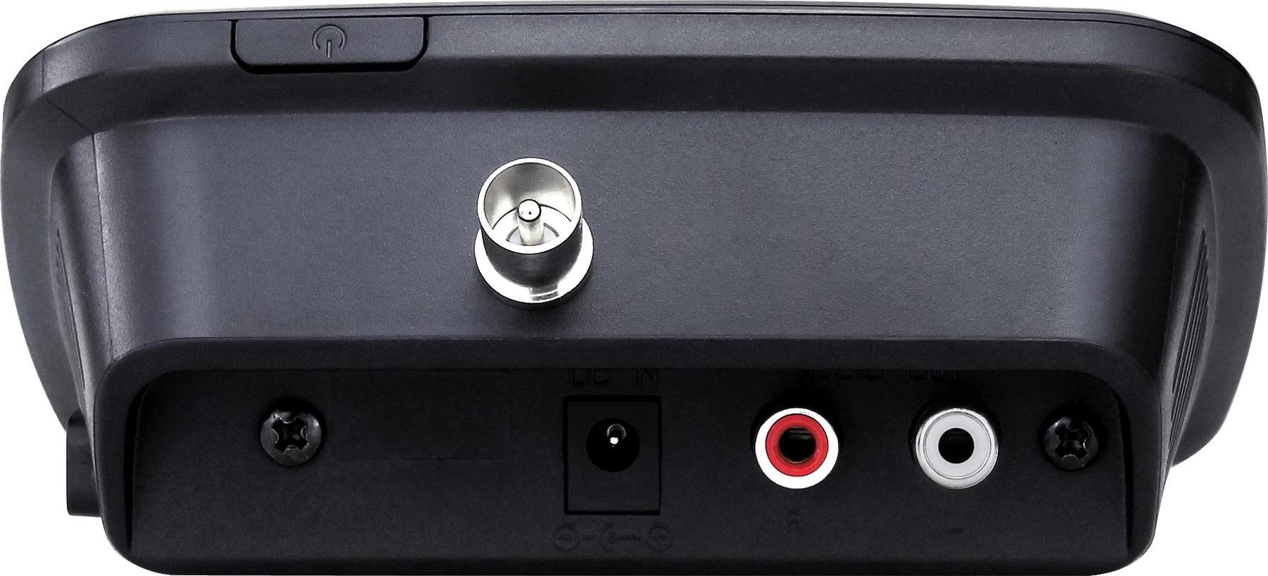 Dispositivo nero con pulsante di accensione, connettore antenna, ingresso CC, jack audio rosso e bianco. Viti laterali.