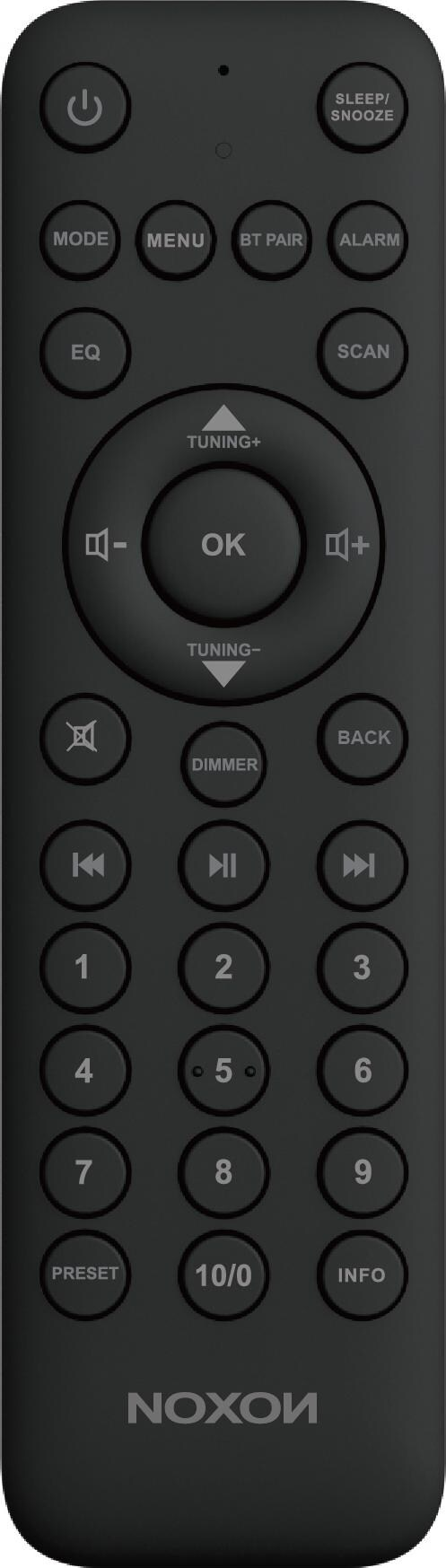 Un telecomando nero con molti pulsanti per accensione, menu, volume e tasti numerici.