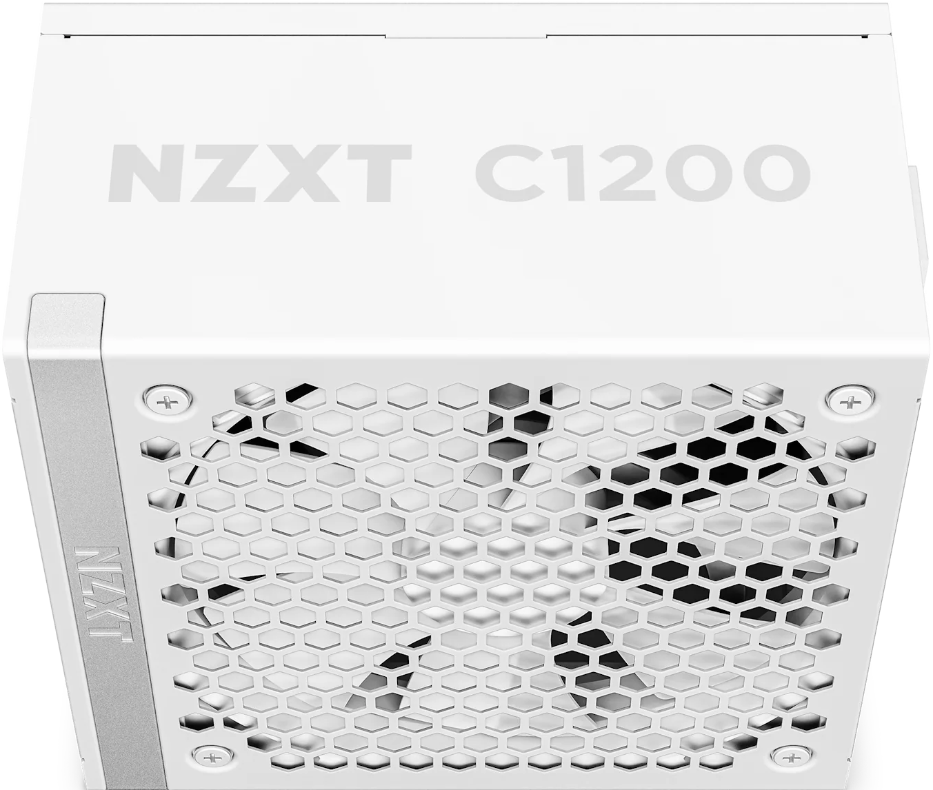 Alimentatore NZXT C1200 bianco. Presenta una griglia a nido d'ape, il logo NZXT e viti a forma di croce.