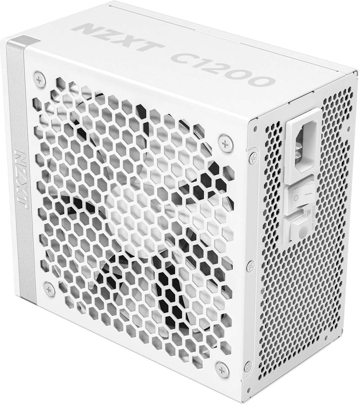 Un alimentatore NZXT C1200 bianco. Ha una griglia a nido d'ape e varie porte, ed è visibile il logo NZXT.