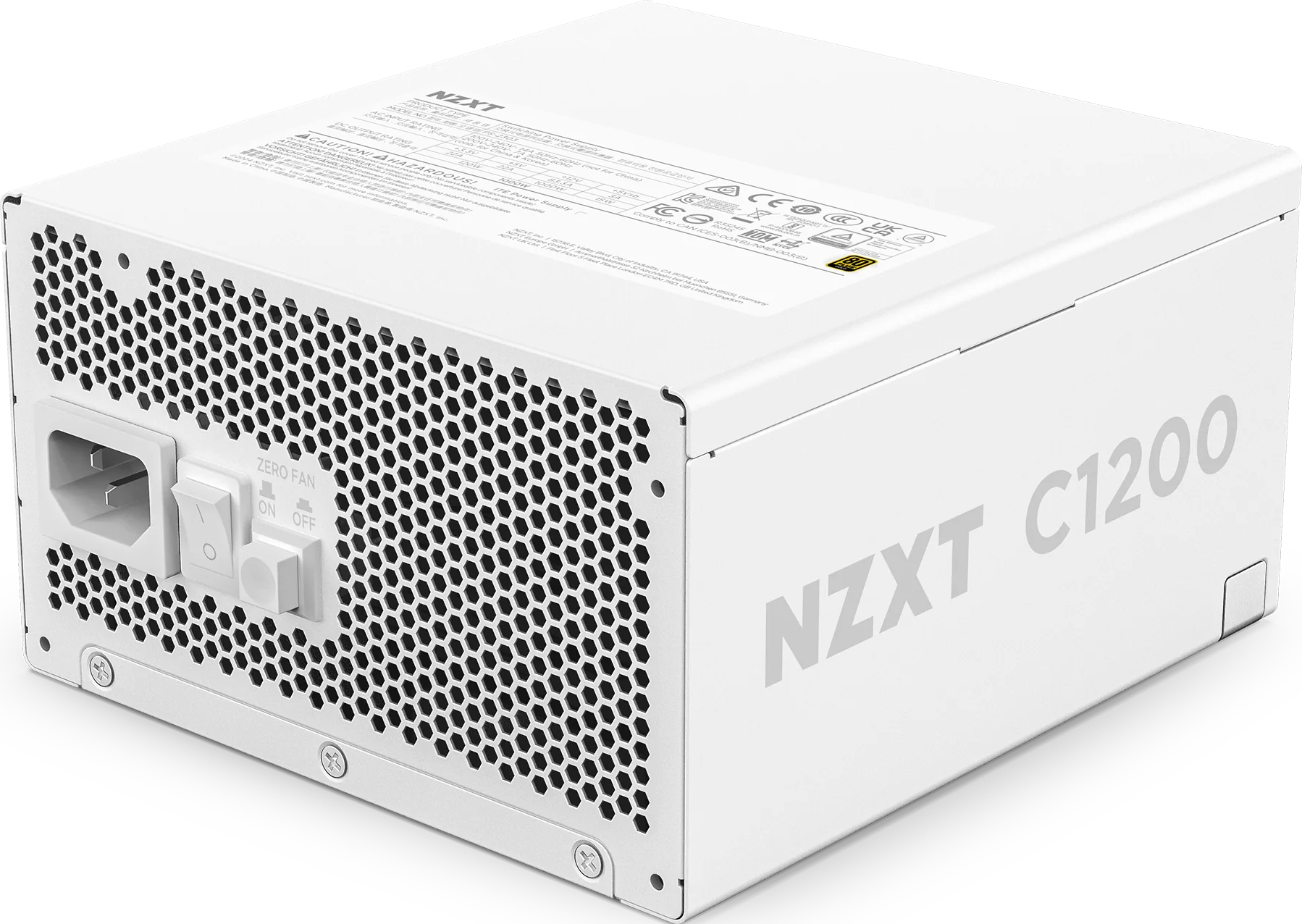 Un alimentatore bianco NZXT C1200. Ha una ventilazione a nido d'ape, un interruttore di alimentazione e un interruttore Zero Fan.