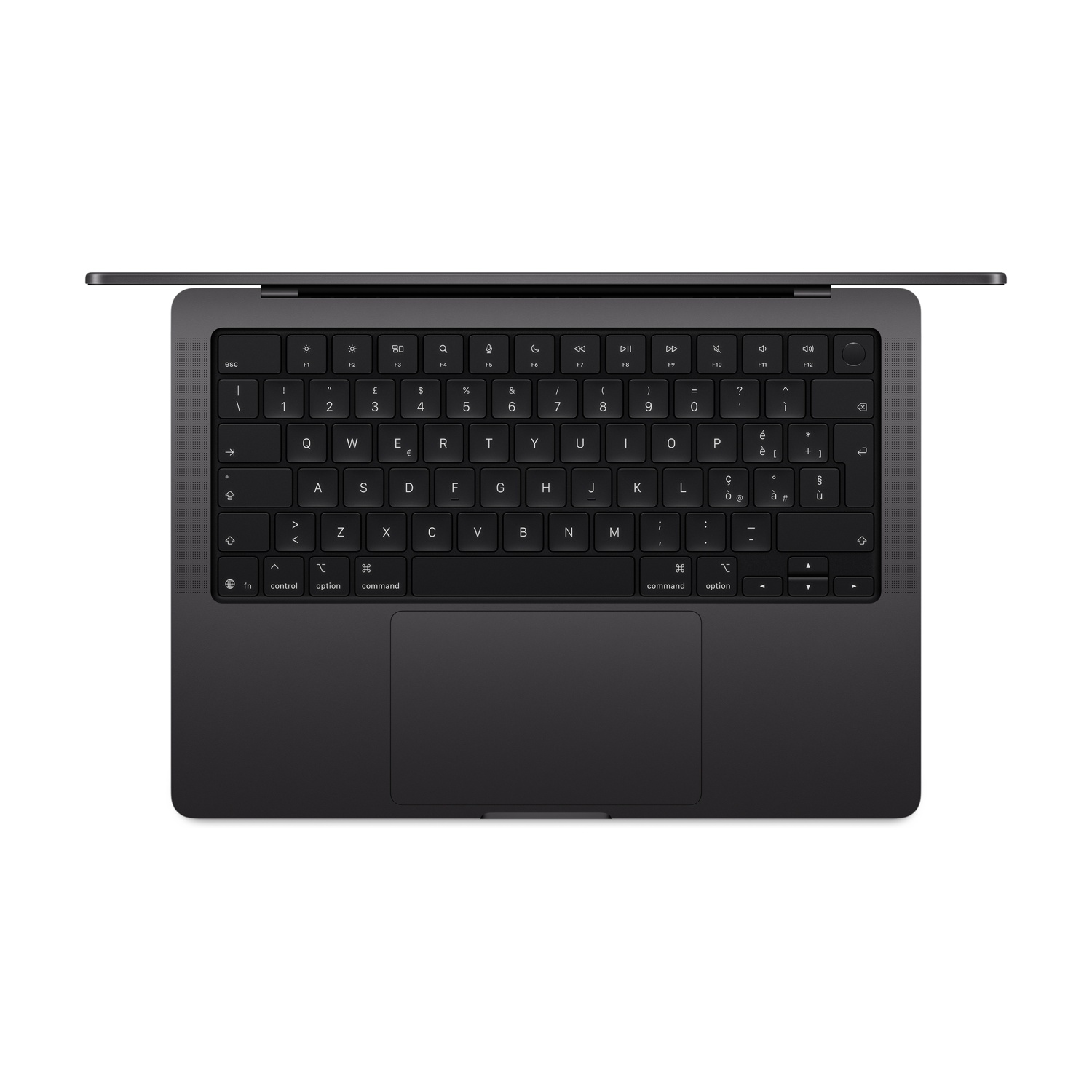 Vista dall'alto di un laptop grigio scuro con tastiera visibile. Schermo aperto, mostra tasti e trackpad.