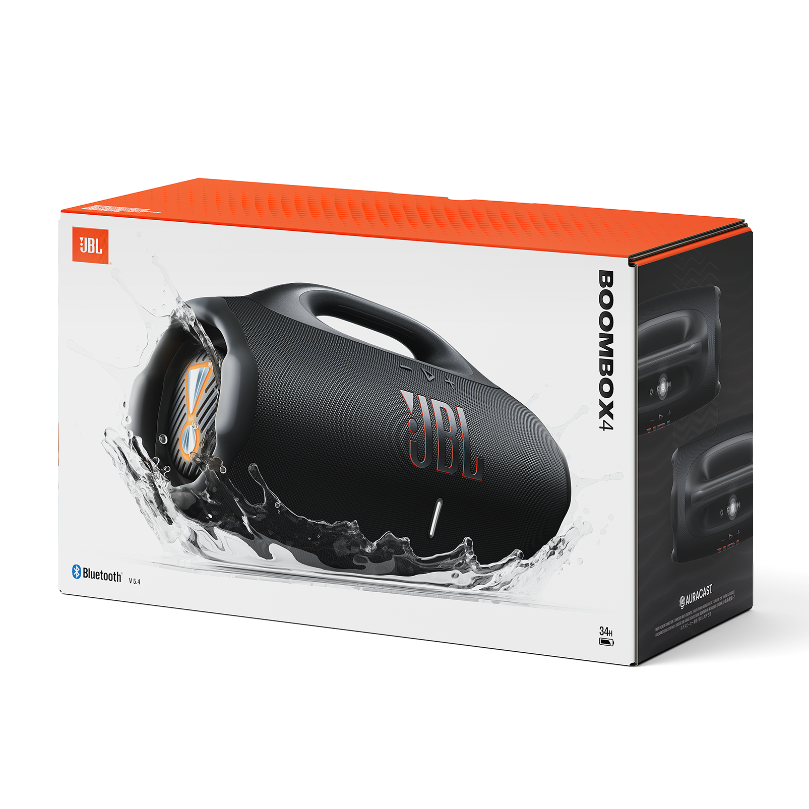 Altavoz JBL Boombox 4 en una caja. Es negro con el logo rojo de JBL. Salpicaduras de agua a su alrededor.